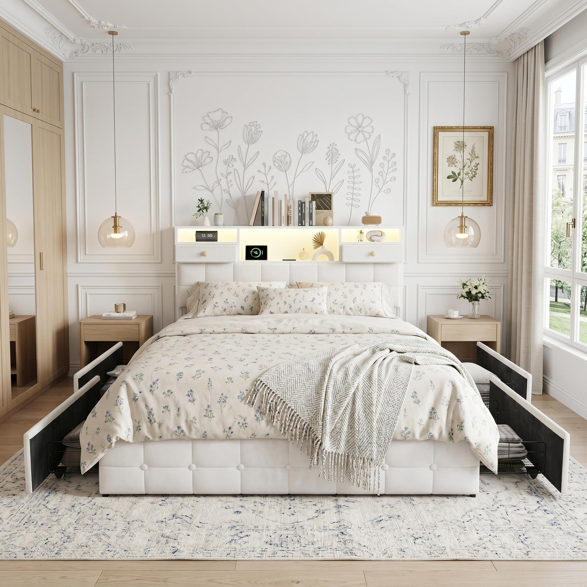 Lit Avec Tiroirs 140x190 Cm Velours Beige - Lit 2 Personne Capitonné
