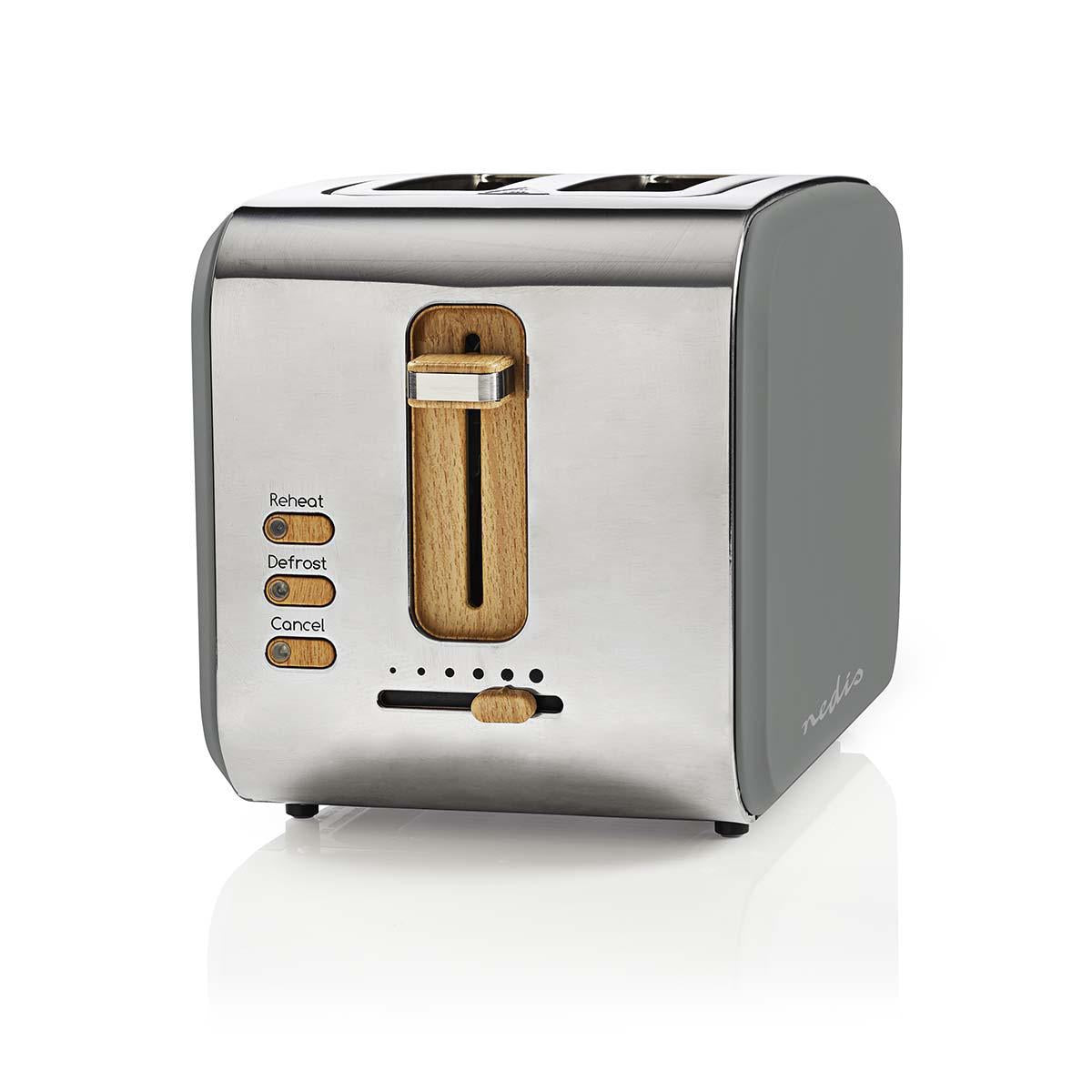Nedis Soft Touch Toaster with 2 Wide Slots for Toast, Bagels or Muffins, 6 Toasting Settings, Reheat, Defrost and Cancel Functions, Grey