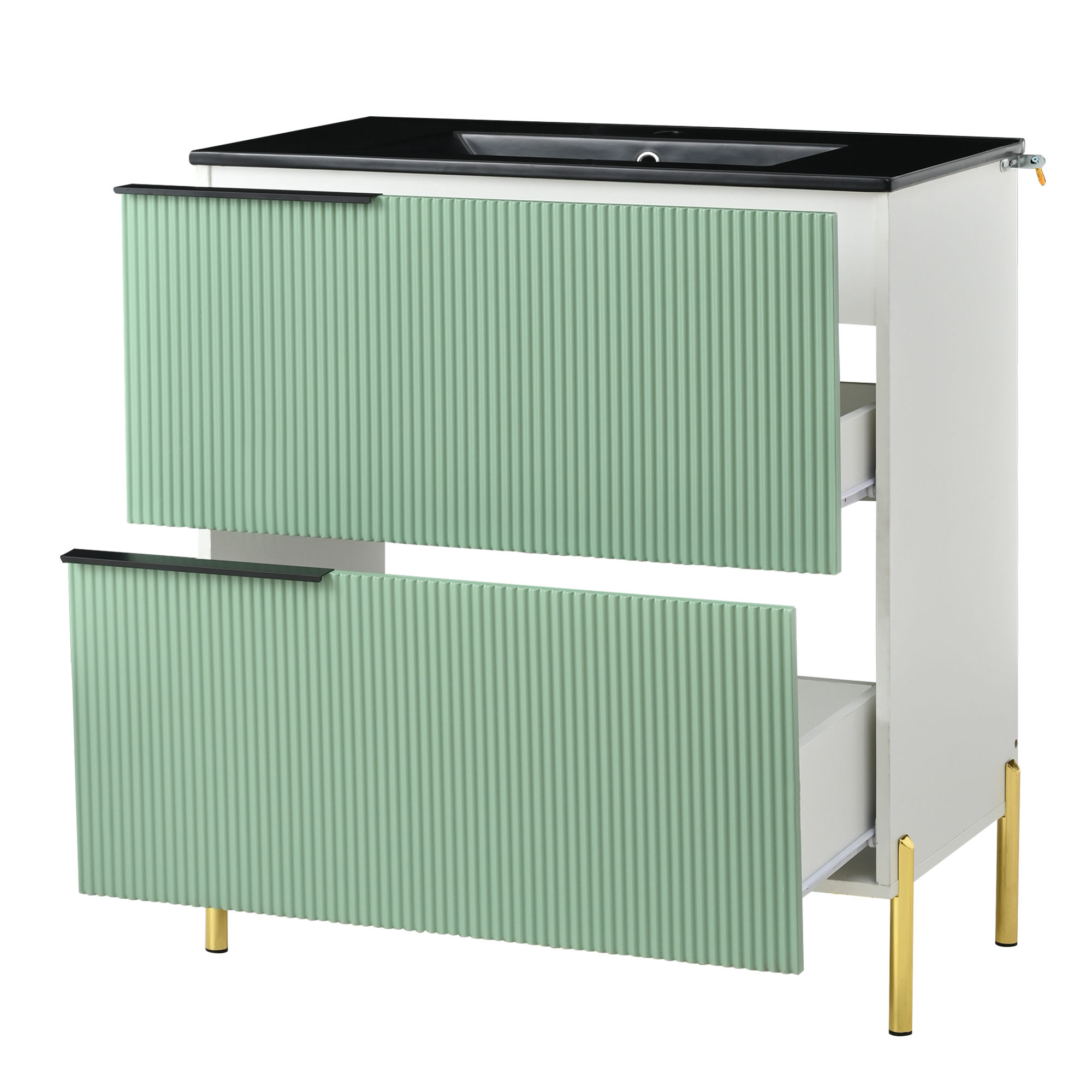 Stilvora Waschtischunterschrank Mit 2 Schubladen Und Keramikwaschbecken, Freistehend, Fuer Badezimmer, Mdf, Gruen