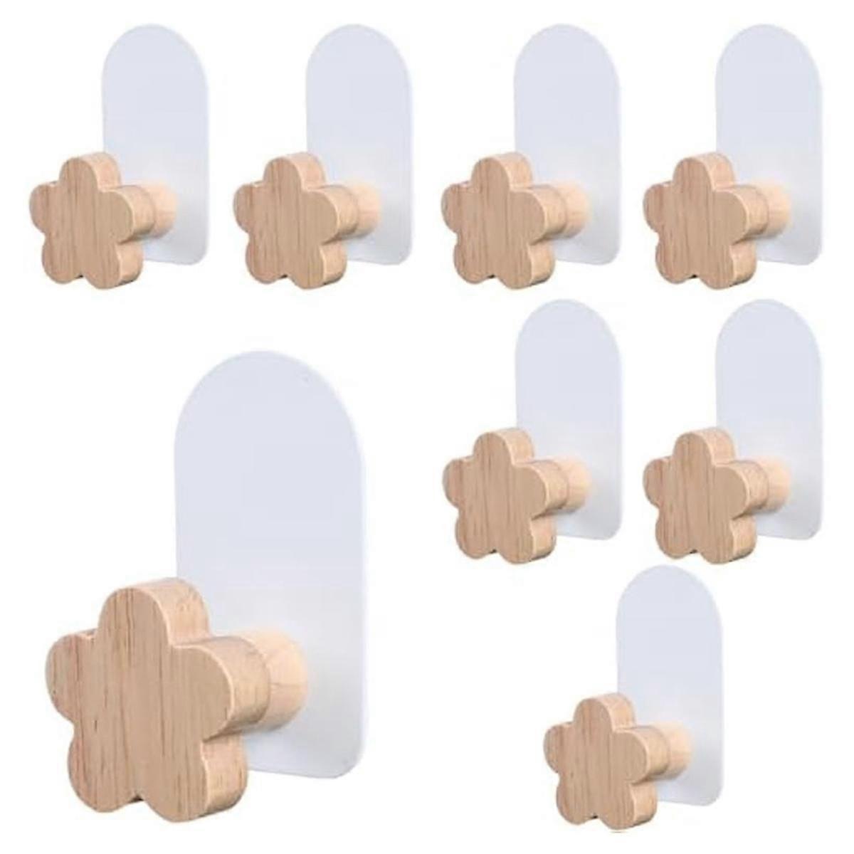 Crochets muraux décoratifs en bois, fixation adhésive sans perçage, forme fleur, lot de 8