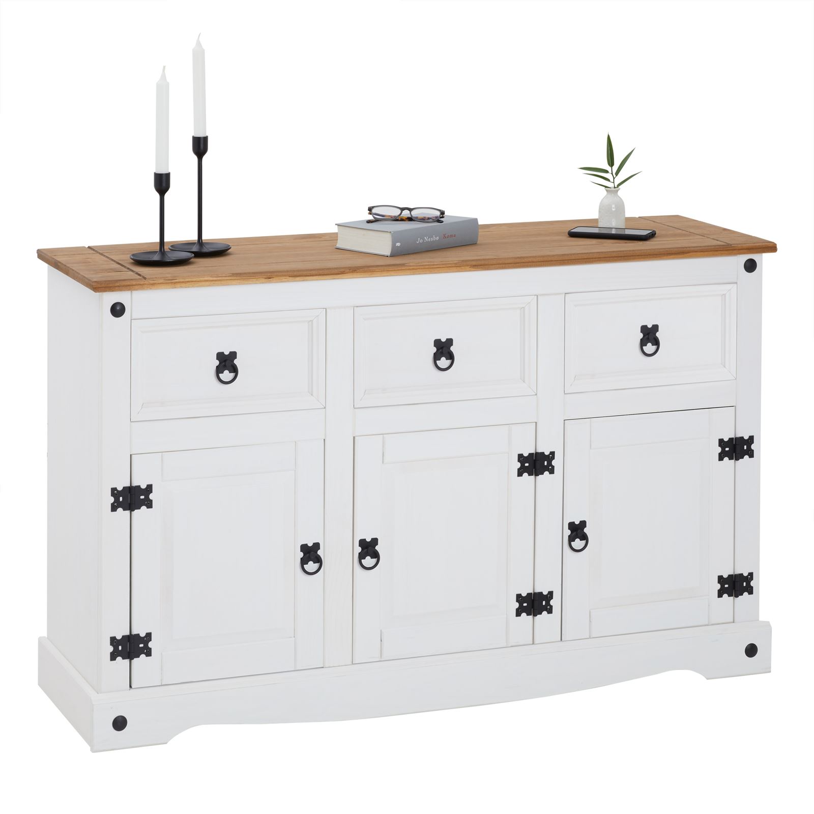 Buffet En Pin Massif Blanc Et Brun – 3 Tiroirs Et 3 Portes Battantes
