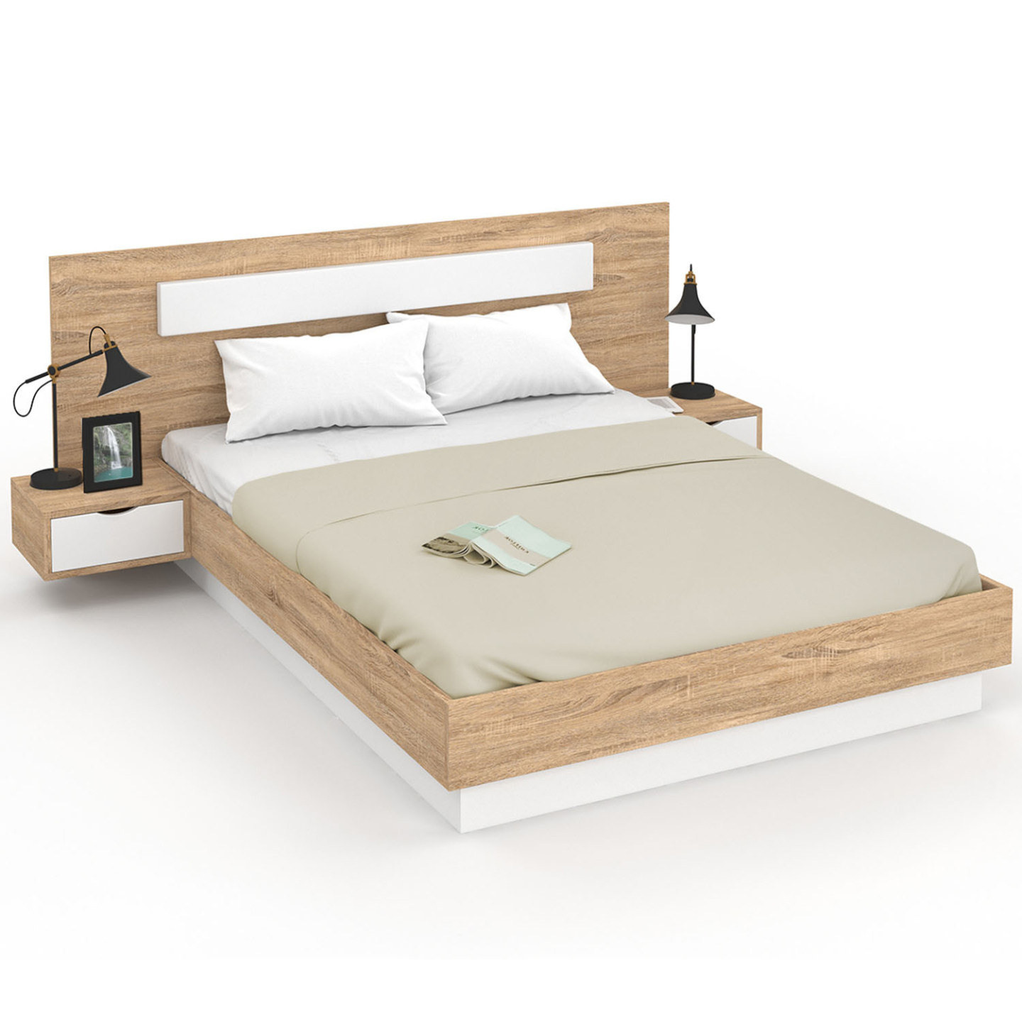 Idmarket - Lit Double Santa Avec Tête De Lit + Tables De Chevet Intégrées Et Sommier 160 X 200 Cm Bois Et Blanc