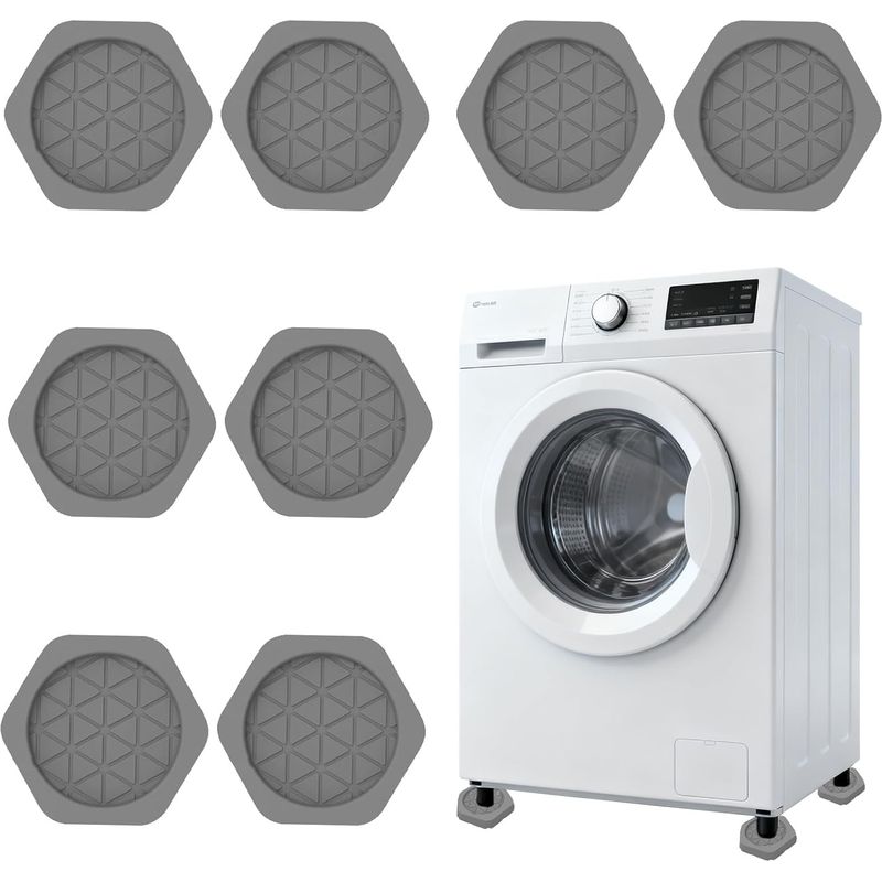 Tapis antivibratoire en silicone, antidérapant et antibruit pour machine à laver, sèche-linge ou réfrigérateur, hexagonal gris, lot de 8