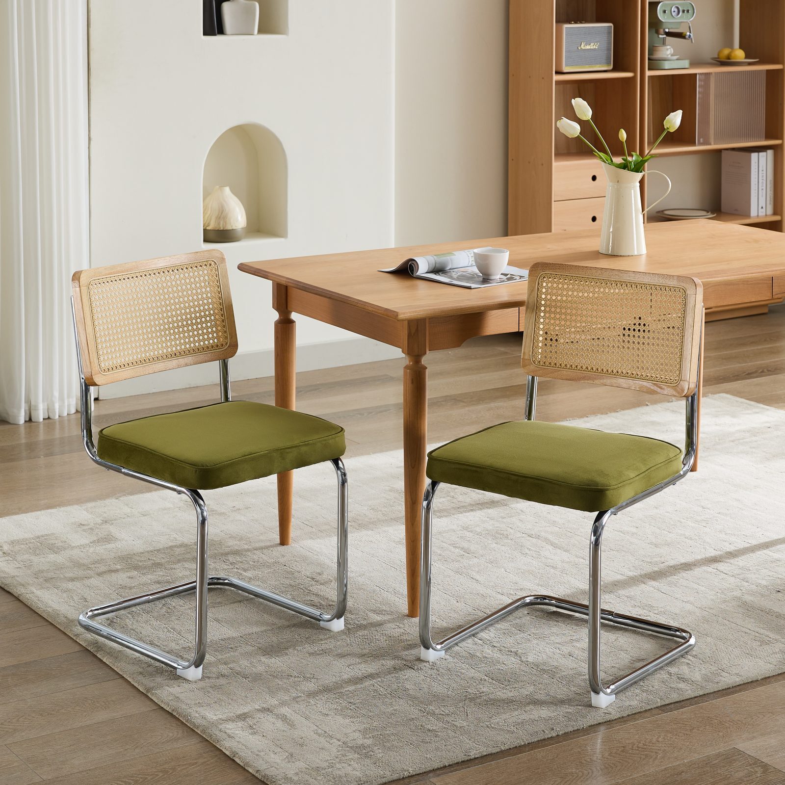 Lot De 2 Chaises De Salle À Manger, Style Moderne - Chaises En Velours Avec Dossier En Rotin Et Base En Chrome Inoxydable, Chaises De Cuisine En Rotin - Vert