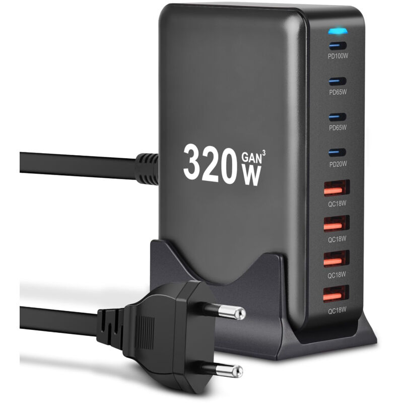 Caricabatterie Usb-c Da 320 W, Caricabatterie Da Parete Multi-gan A 8 Porte Con 4 Porte Usb-c E 4 Porte Usb-a, Adattatore Per Stazione Di Ricarica Rapida Compatibile Con Laptop Macbook Pro/air, Iphone