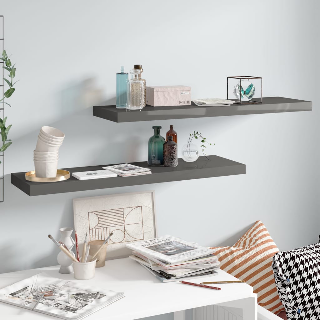 Vidaxl Grau Floating Wall Shelves 2 Pcs High Gloss Grey 90X23,5X3,8 Cm Mdf