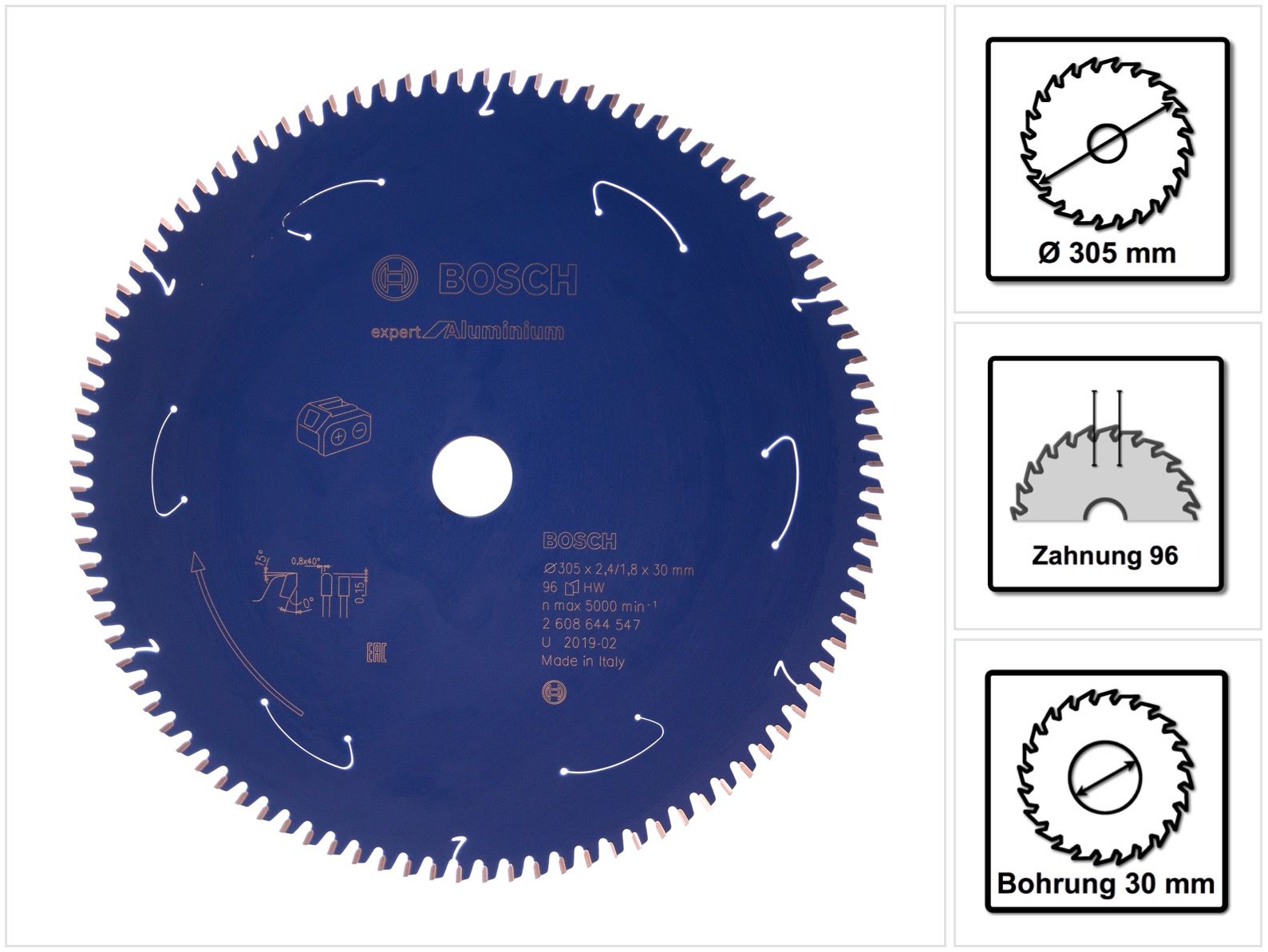 Photo de Lame De Scie Circulaire Expert Pour L'Aluminium Pour Scies À Batterie 305 X 2,4/1,8 X 30 96 Dents Bosch