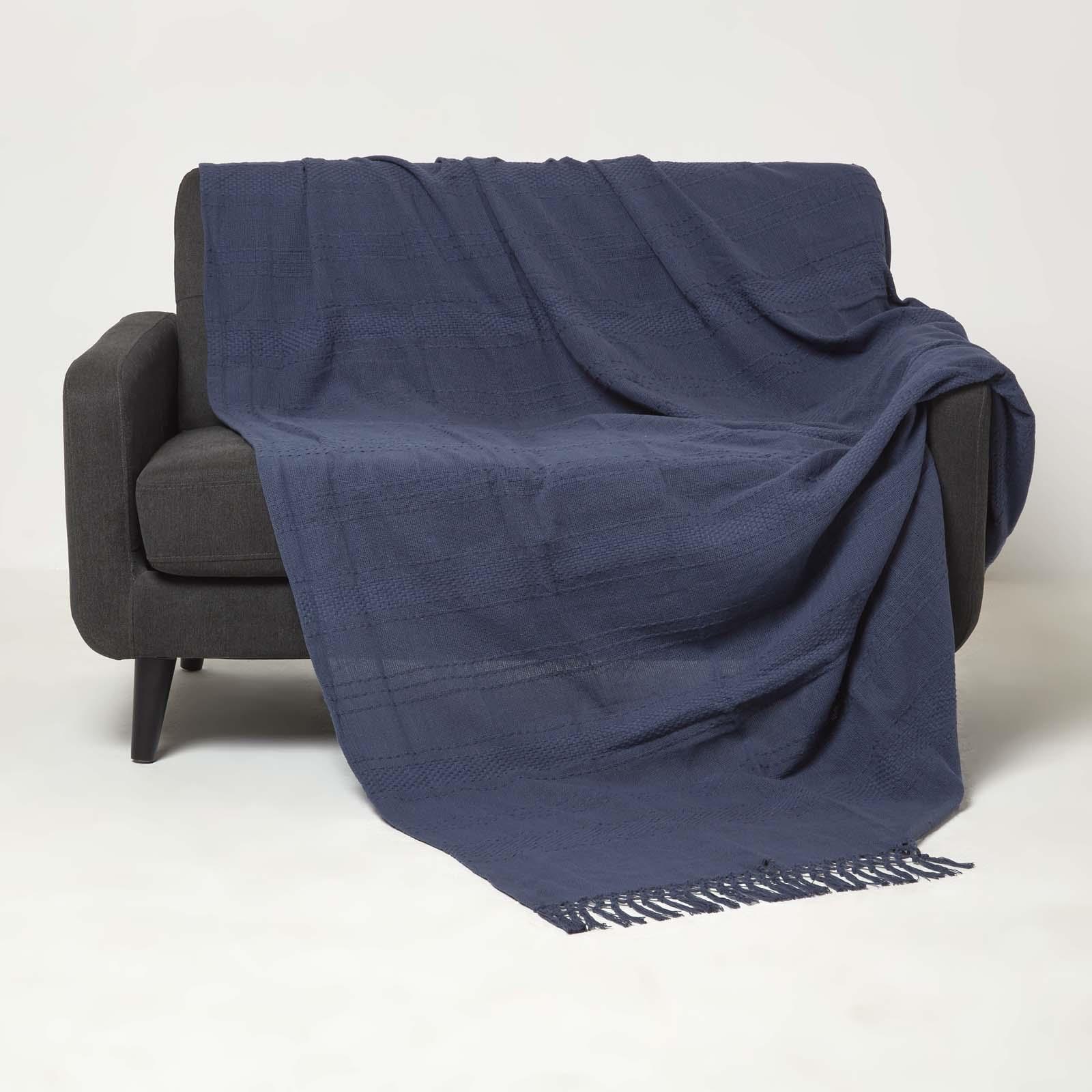 Homescapes Kashi Navy Cotton Throw With Tassels 150 X 200 Cm