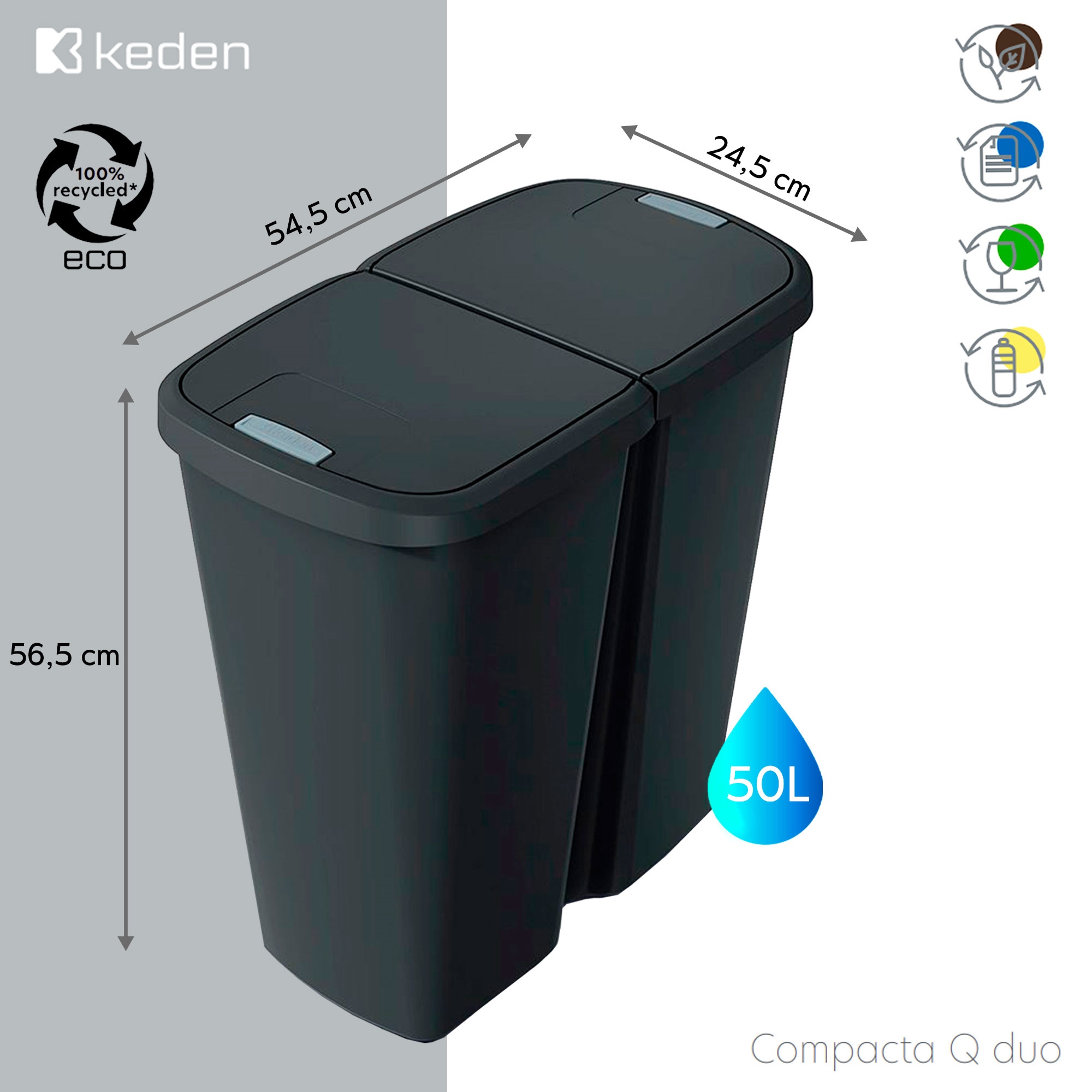 Keden Poubelle Avec 2 Couvercles Indépendants 50l Compacta Q Duo 54x24x56 Cm