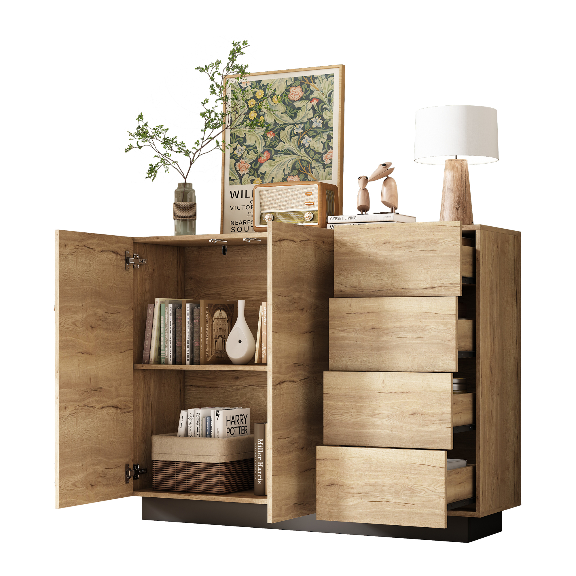 Stilvora Sideboard Mit 2 Türen Und 4 Schubladen, Push-to-open, Moderner Stil, Aus Spanplatte, 120×35, 5×90, 5 Cm, Natur Und Schwarz