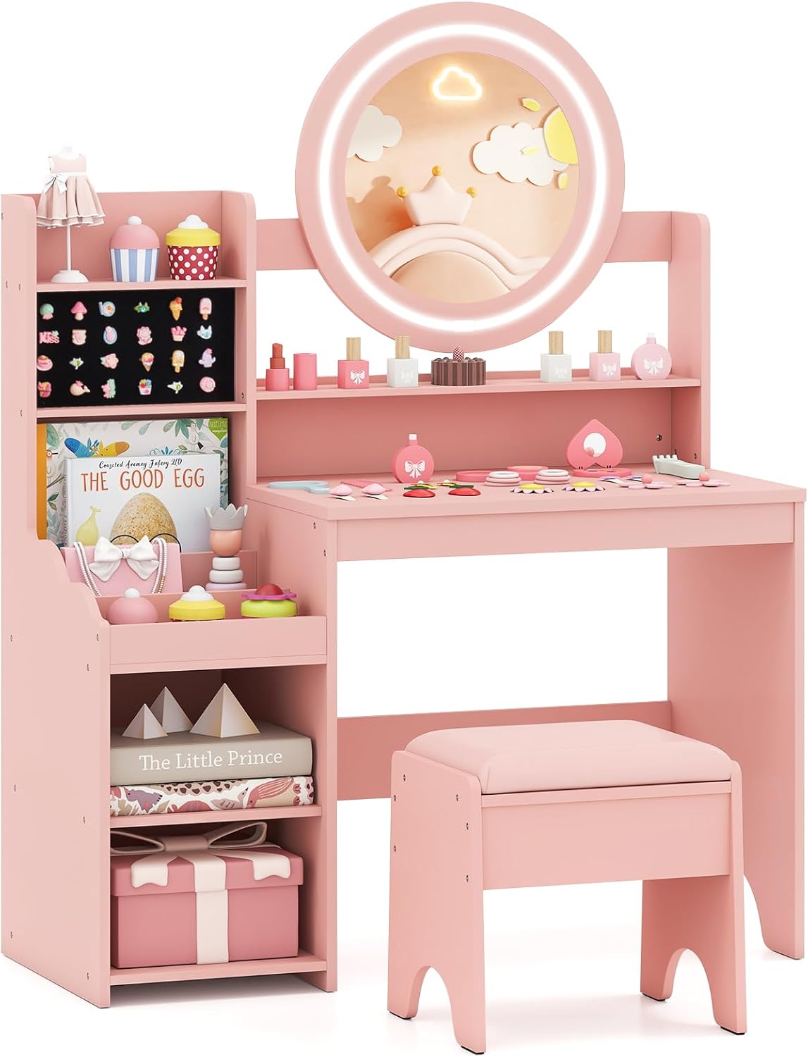 Costway – Coiffeuse Enfant Rose Avec Miroir Éclairé – 4 Étagères