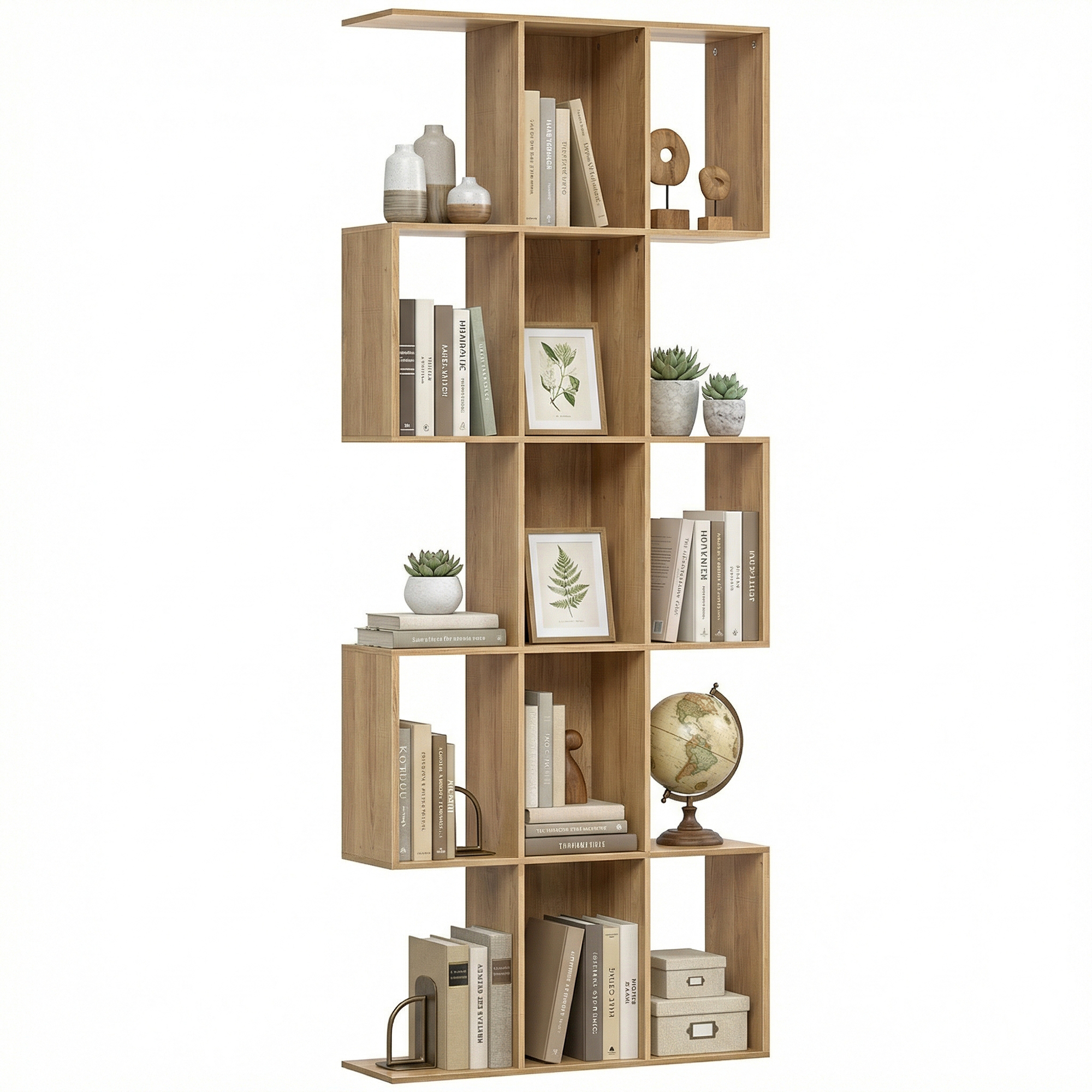 Bibliothèque - Homcom - Étagère De Rangement À 5 Niveaux - En Forme S - 15 Compartiments - Mdf - 80 X 24 X 200 Cm - Chêne