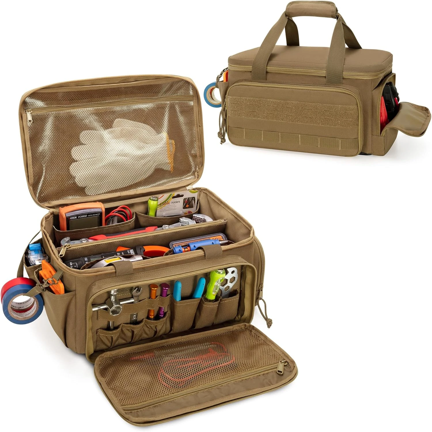 Sac à outils 35,5 cm en nylon indéchirable, fond antidérapant PU, poche zippée centrale, marron