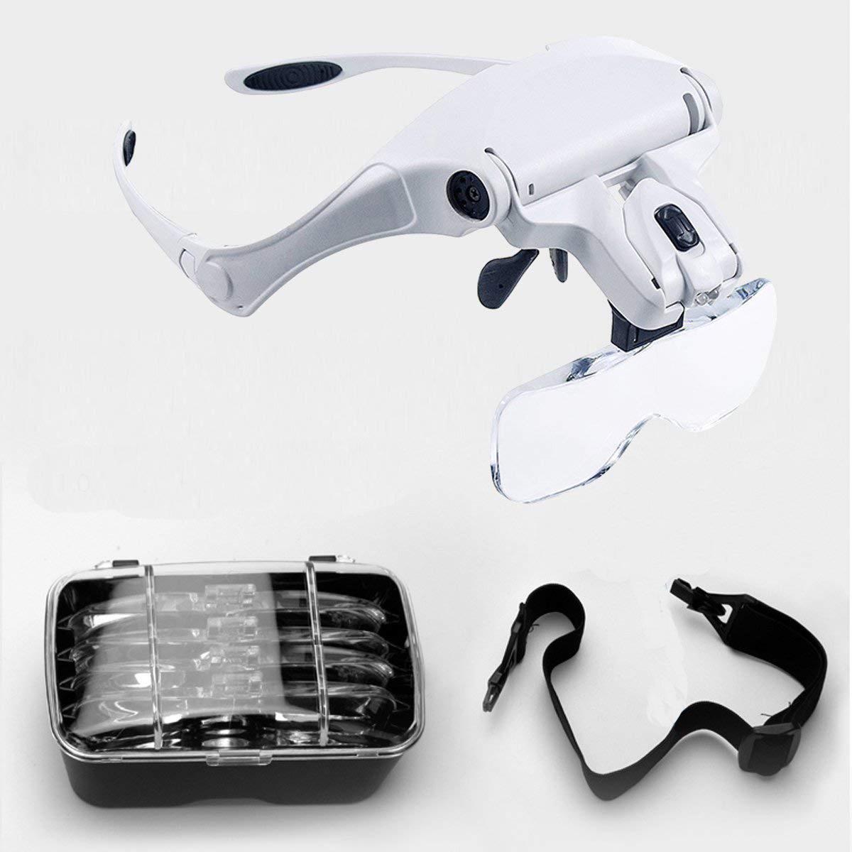 Loupe frontale avec éclairage LED rechargeable USB, 5 verres interchangeables 1,0x 1,5x 2,0x 2,5x 3,5x