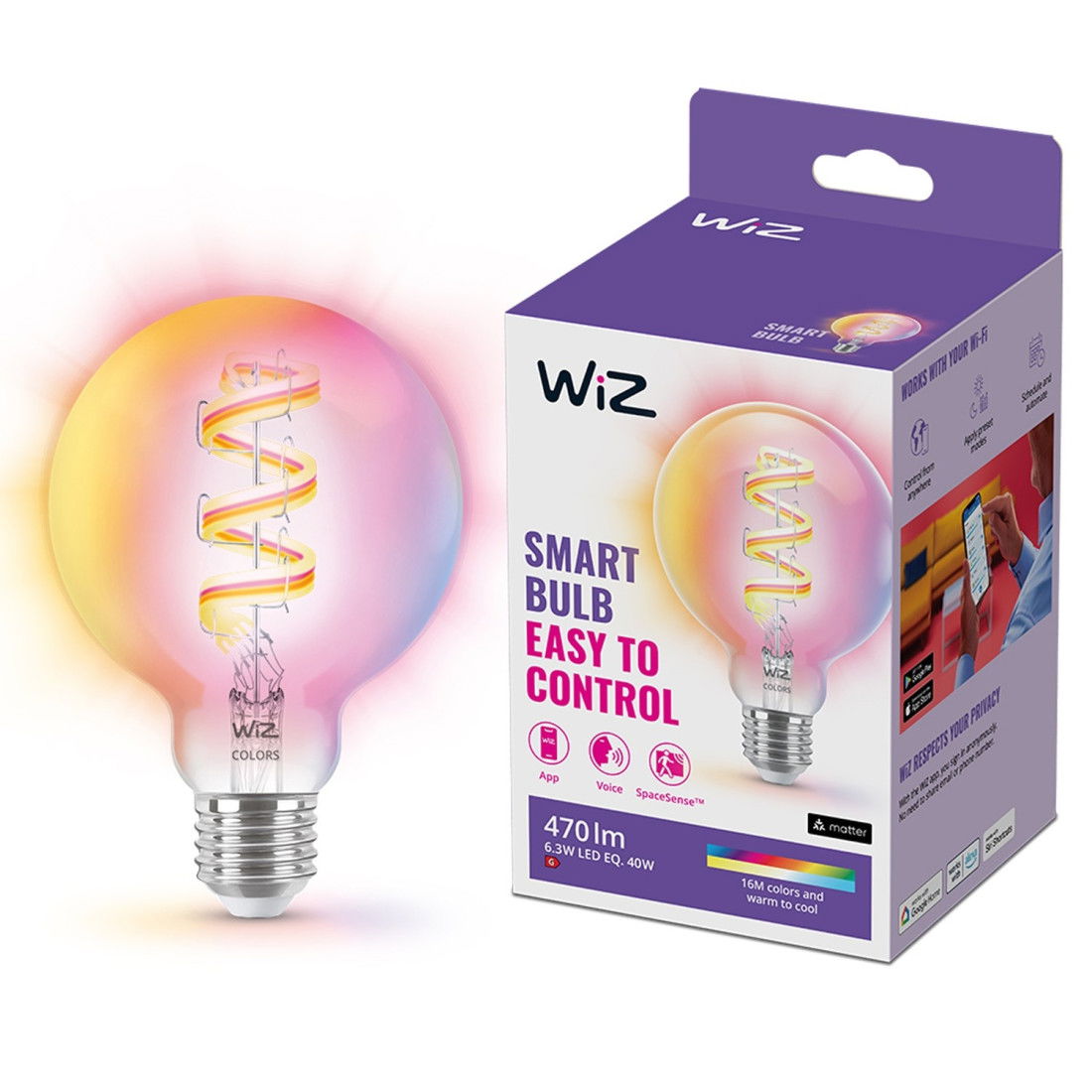 Wiz - Led-Leuchtmittel Filament Globe G95 E27 6,3W Warmweiß Bis Kaltweiß Smart Rgb Leuchtmittel