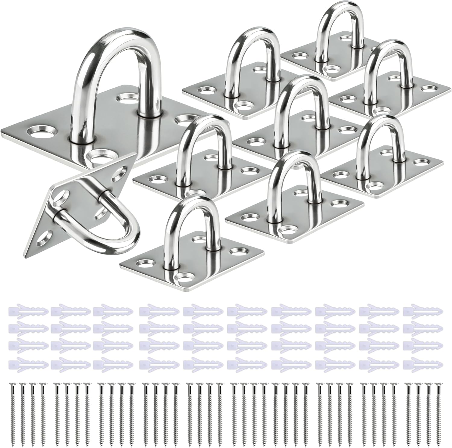 Pontet inox M4 à anneau Ø6 mm, plaque renforcée 1,7 mm, 50 kg par crochet, lot de 10 avec 40 vis et chevilles