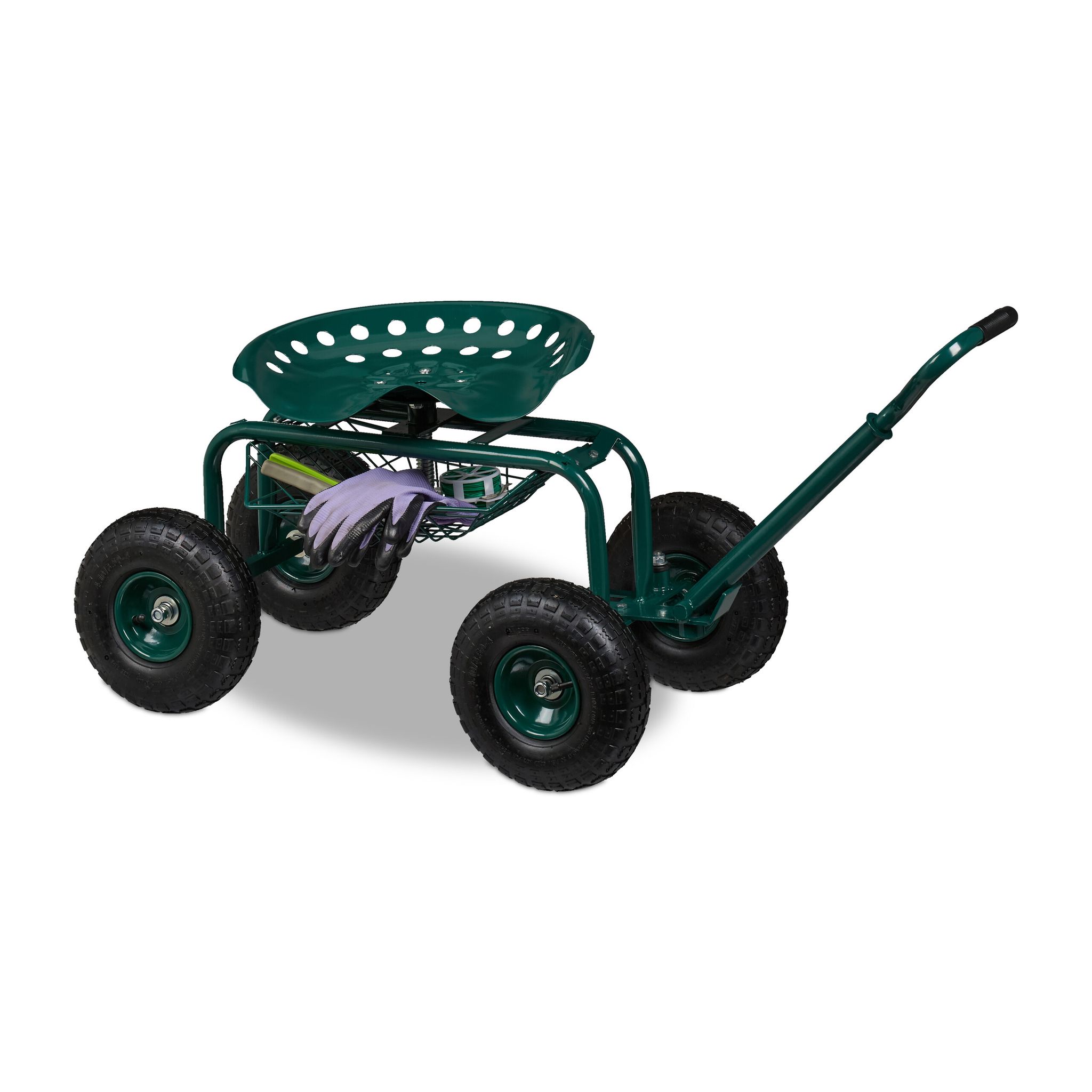 Relaxdays - Rolling Garden Seat, Height-adjustable, 150 Kg Capacity, Storage For Tools, Steel, Pneumatic Tyres, Green