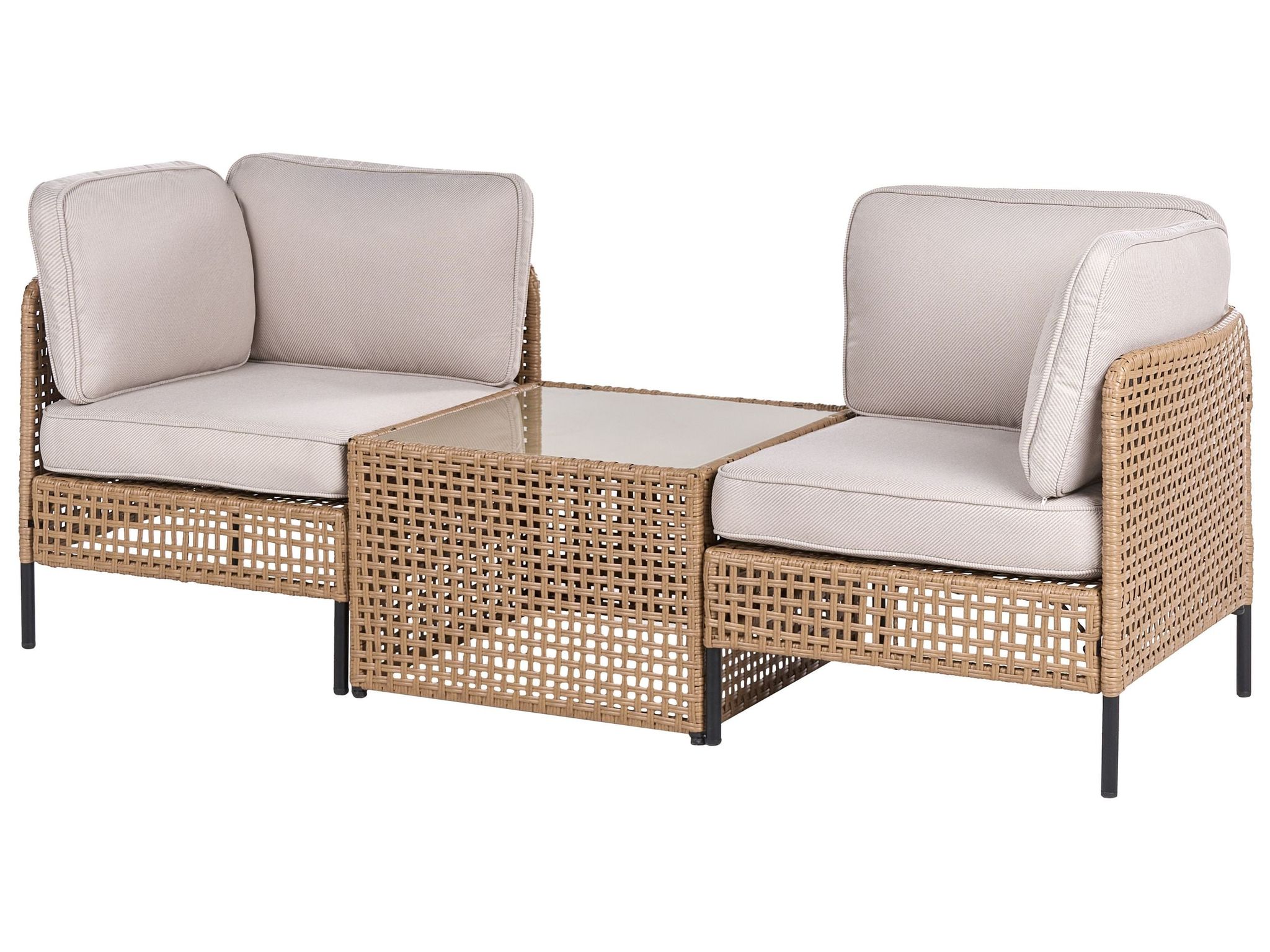 Beliani Outdoor Sofa With Coffee Table Light Beige Pe Rattan 2 Seater Metal Frame With Seat Backrest Cushions Glass Tabletop Modern Style Garden Patio Terrace