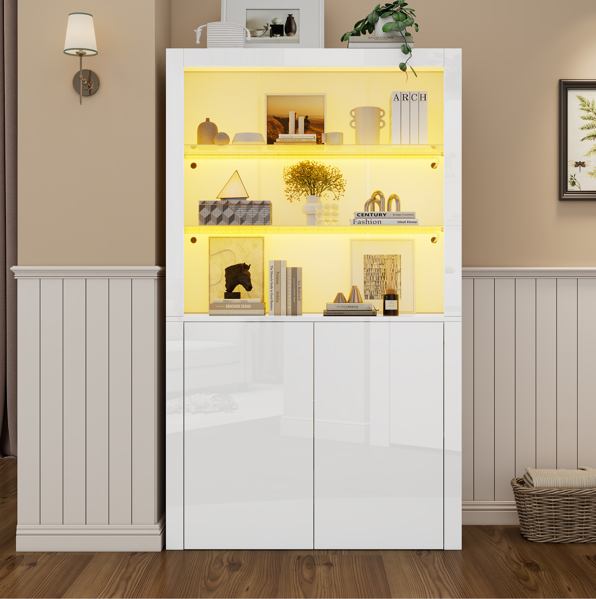 Covreo Vitrine 100x35x170 Cm Weiß Aus Mdf Und Glas Mit Led-beleuchtung, Hochglanz, Stauraum Und Sicherheitsgurten