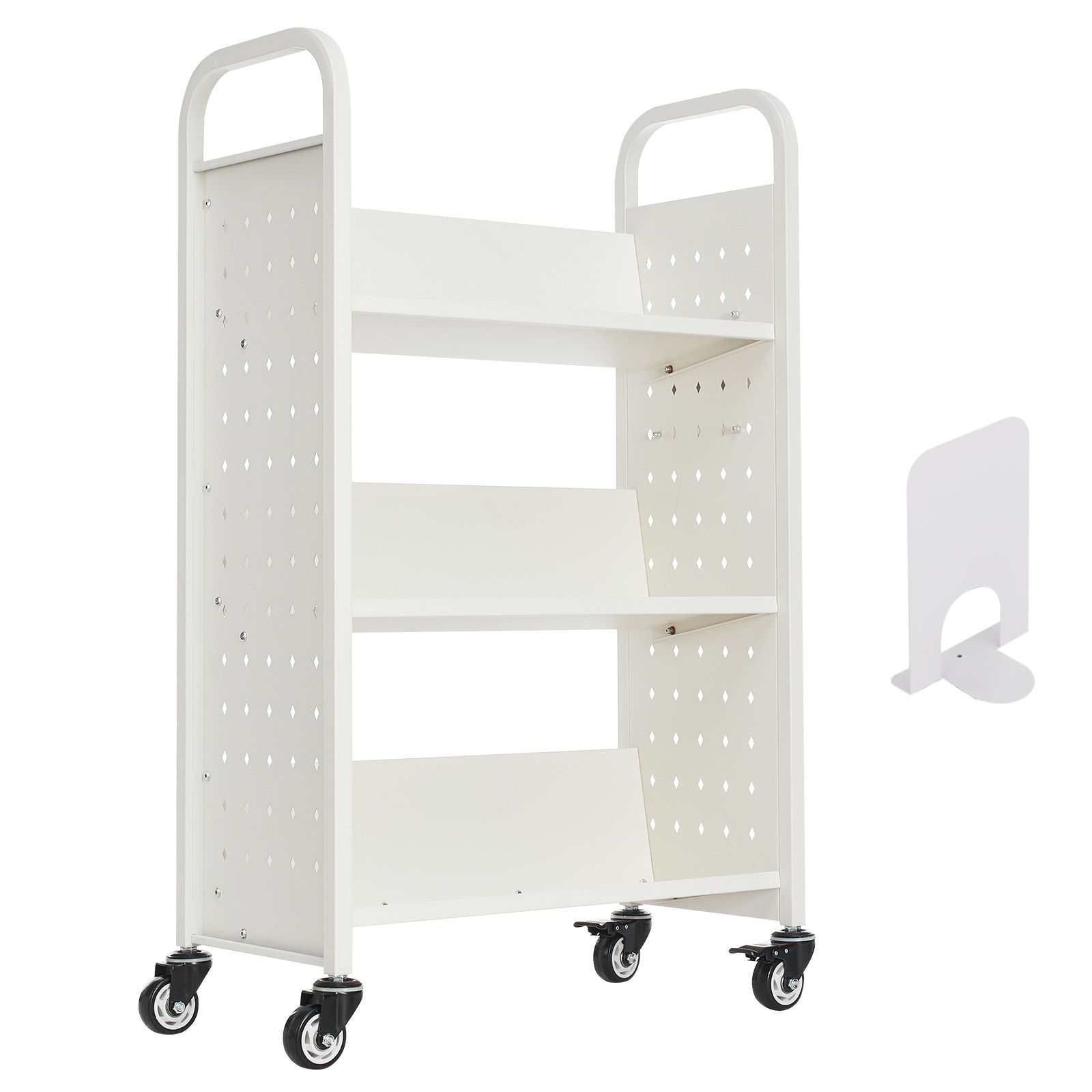 Chariot de bibliothèque roulant à 3 étagères en V, capacité 150 kg, roues verrouillables, blanc