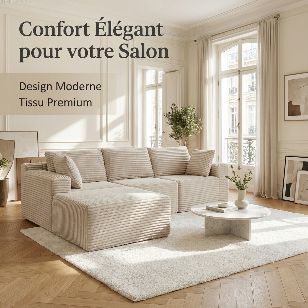 Hobag – Canapé D’angle Crème 250 X 160 Cm – Confort 100% Mousse Haute