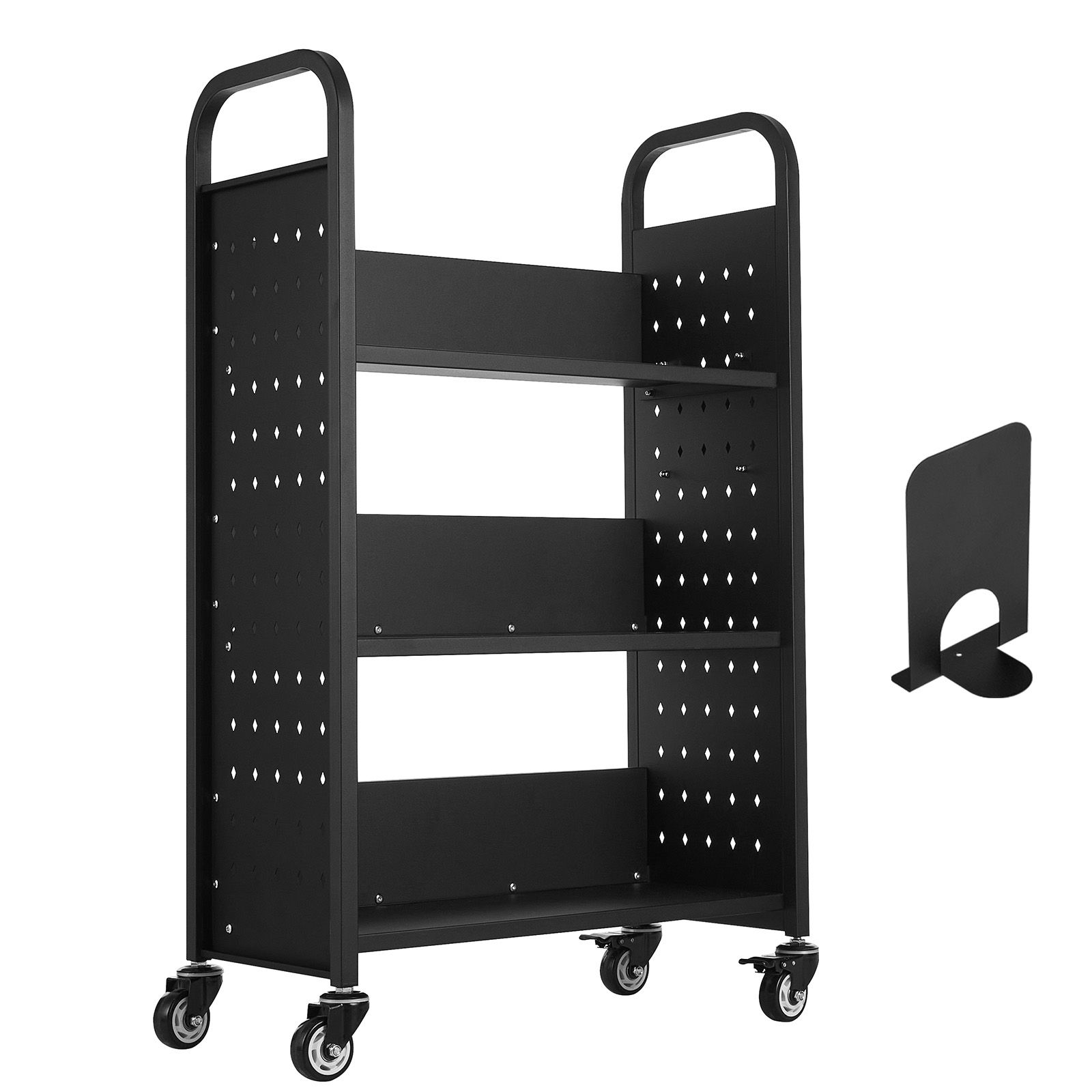 Chariot de bibliothèque roulant, capacité 150 kg, 77x38x122 cm, 3 niveaux à étagères en L simple face, roues verrouillables 76,2 mm