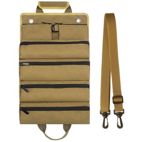 Sac à outils enroulable, tissu Oxford imperméable avec revêtement PVC, bandoulière, kaki