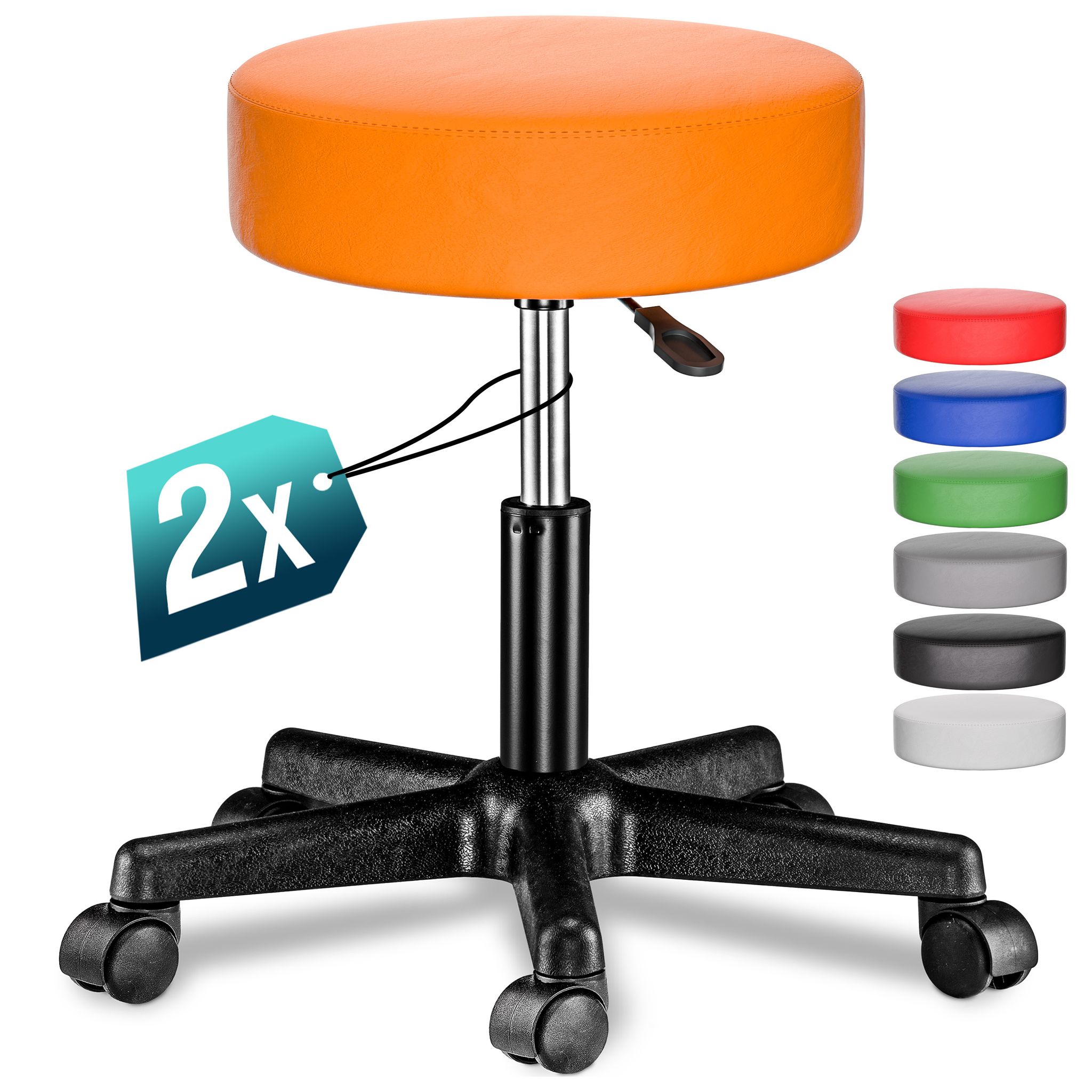Casaria® Rollhocker Höhenverstellbar 10cm Polsterung 46-60cm Sitzhöhe 360° Drehbar Ø35cm Rund Rollen Bürohocker Drehhocker Arbeitshocker Hocker  2er Set Orange