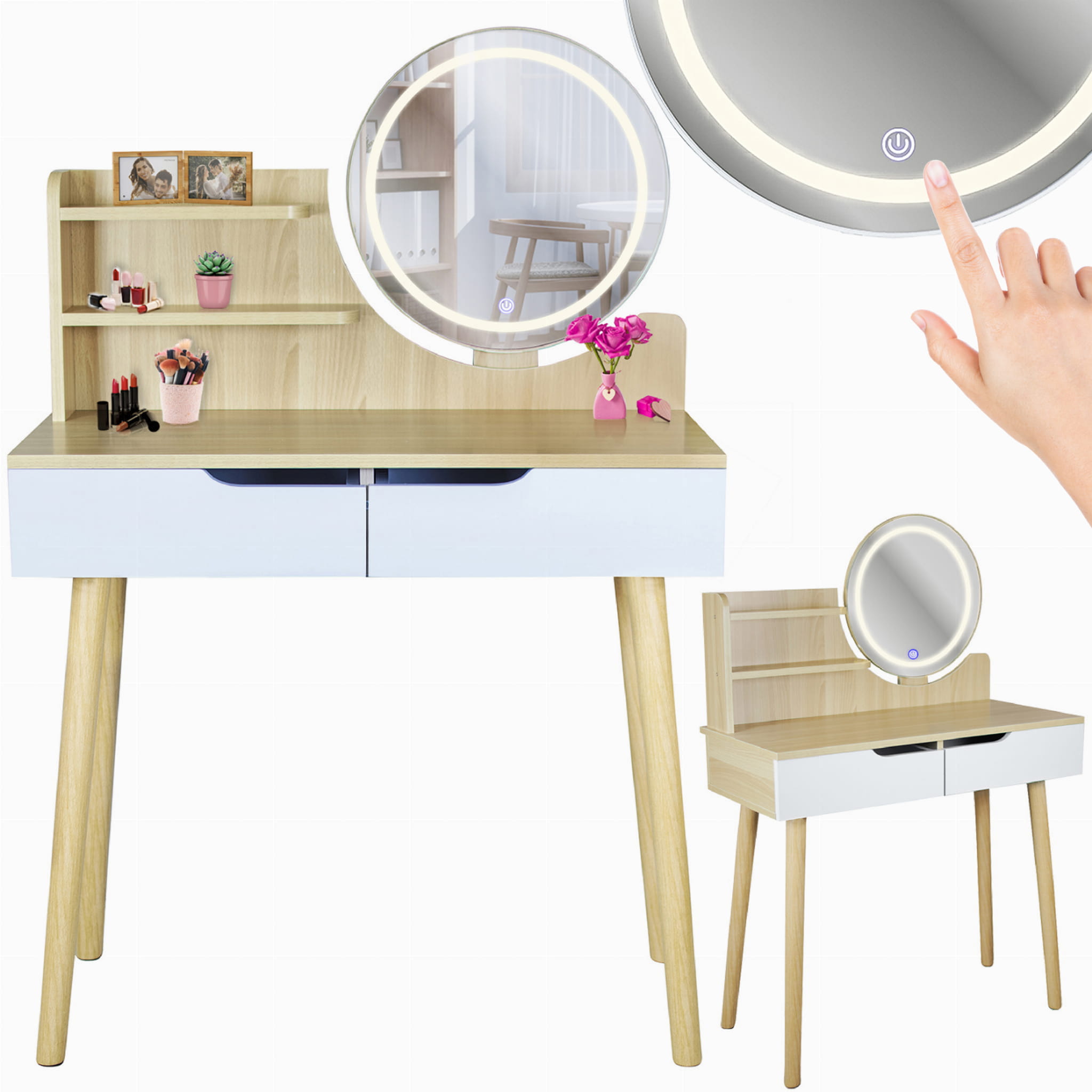Coiffeuse Scandinave Avec Miroir Led 40 Cm – 2 Tiroirs – Finition Mate