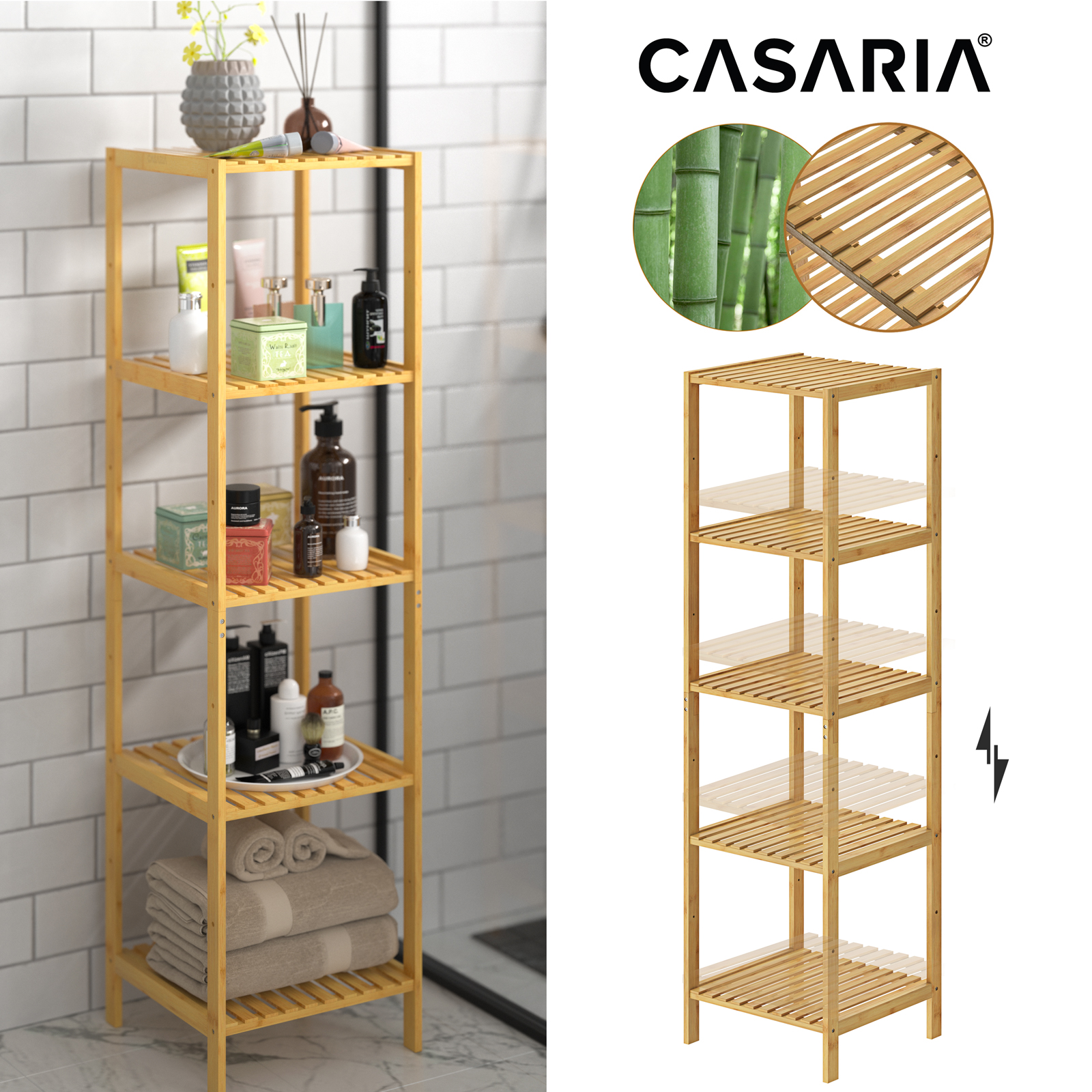 Badezimmer Regal Bambus 5 Oder 4 Ablagen Belastbarkeit 10kg Je Ablage 110-140x33cm Bad Küche Kinderzimmer Wohnzimmer Bücherregal Holzregal Mehrzweckregal Braun 5 Ablagen - Casaria
