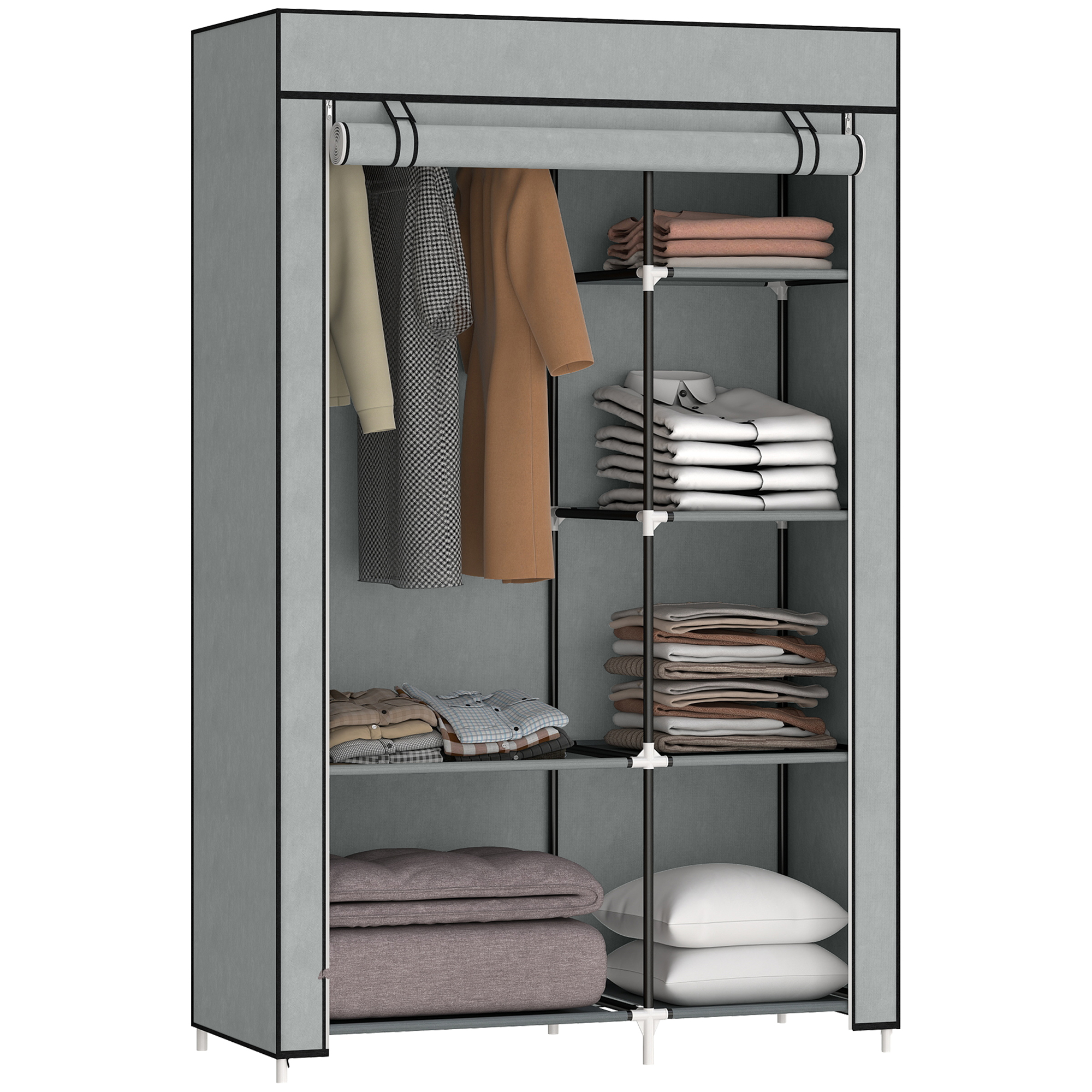 Homcom Kleiderschrank Stoffschrank Mit 6 Ablagen, Kleiderstange, Reißverschluss Faltschrank Für, Ankleidezimmer Schlafzimmer, 103 X 43 X 162,5 Cm, Hellgrau