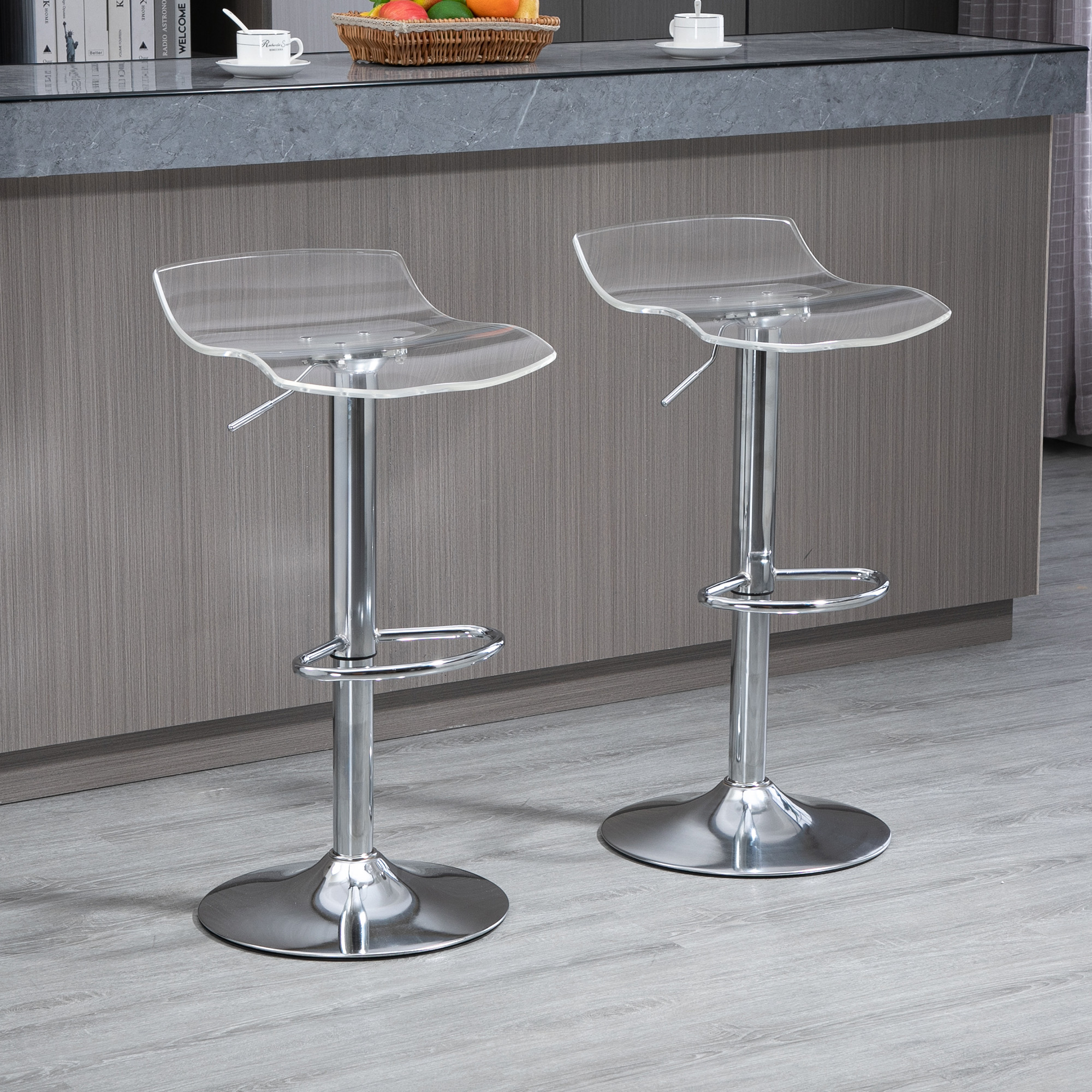 Ensemble De 2 Tabourets De Bar À Hauteur Réglable, Assise Pivotante Et Repose-pieds, En Métal Et Acrylique Transparent.