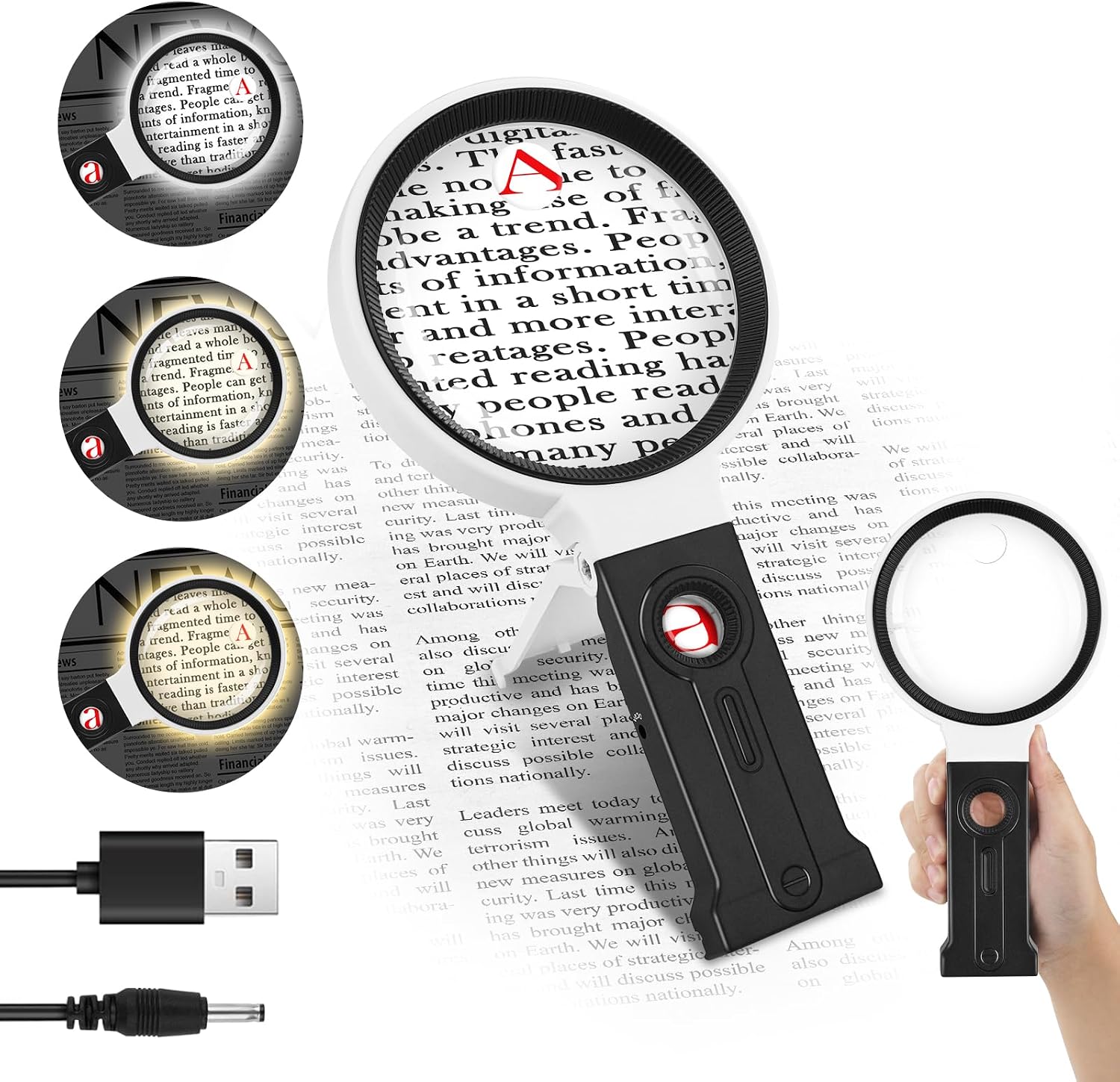 Loupe de poche pliable 2 en 1 avec éclairage 36 LED, grossissements 40x, 30x et 10x, alimentation USB ou 3 piles AAA