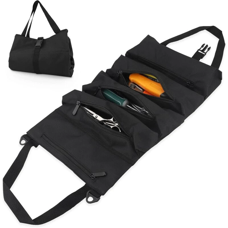 Sac à outils enroulable noir en tissu Oxford, 5 poches zippées, 47 x 28 cm, AQUAFORGE