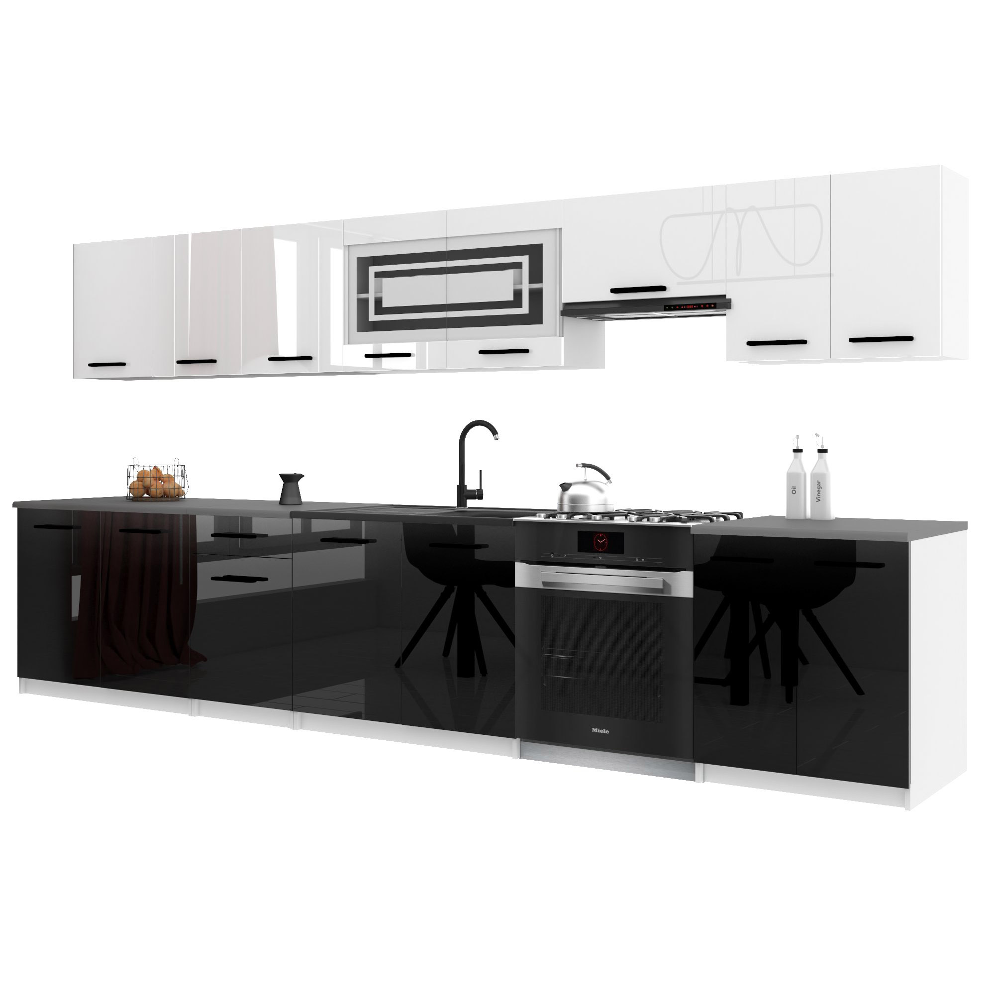 Belini Italia 3 Cuisine Equipée Modulaire Complète - 320 Cm. Meubles Hauts Bas Avec Plan De Travail, Blanc Très Brillant/noir Très Brillant