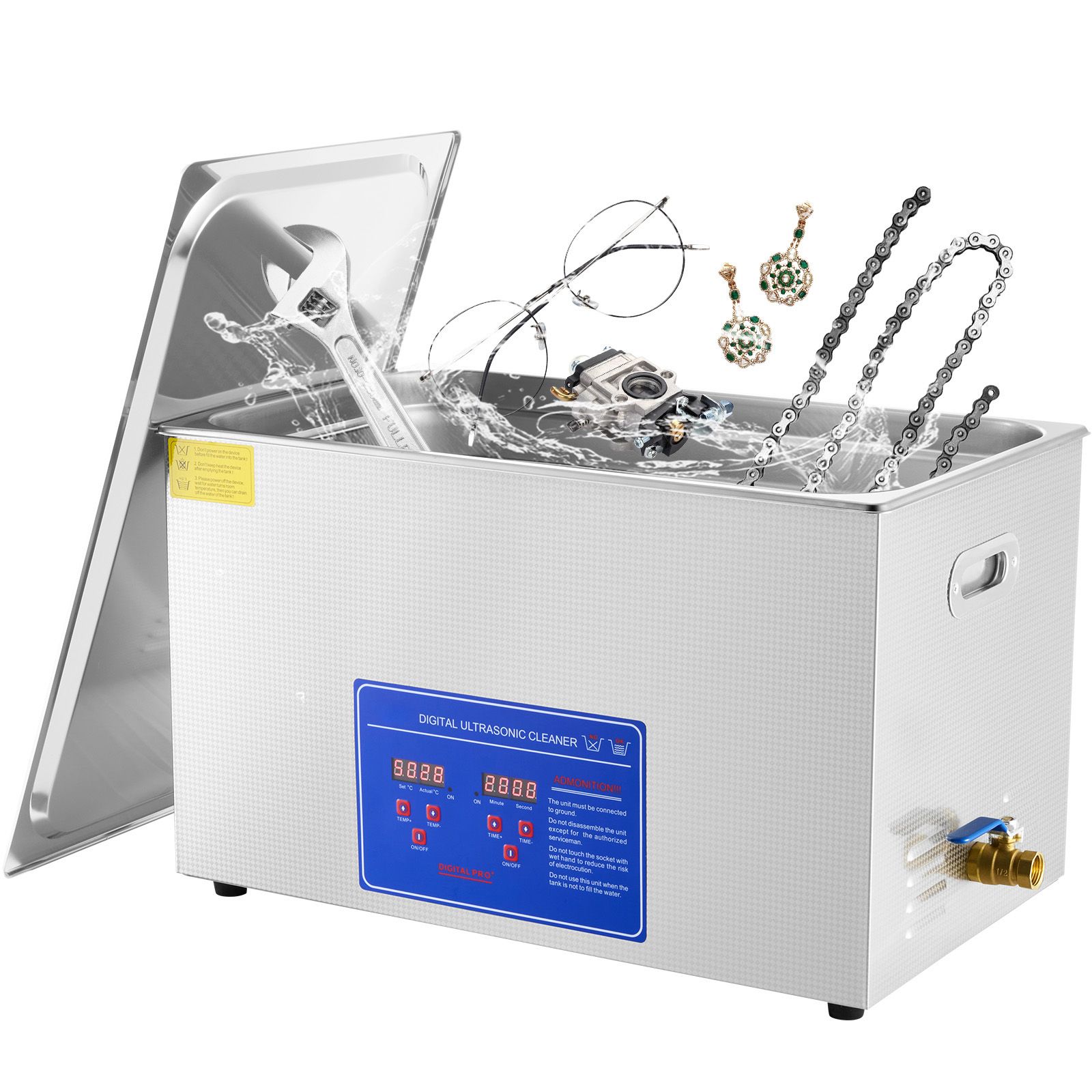 Nettoyeur à ultrasons 30 L en acier inoxydable, minuterie digitale et chauffage, 40 kHz, panier inclus