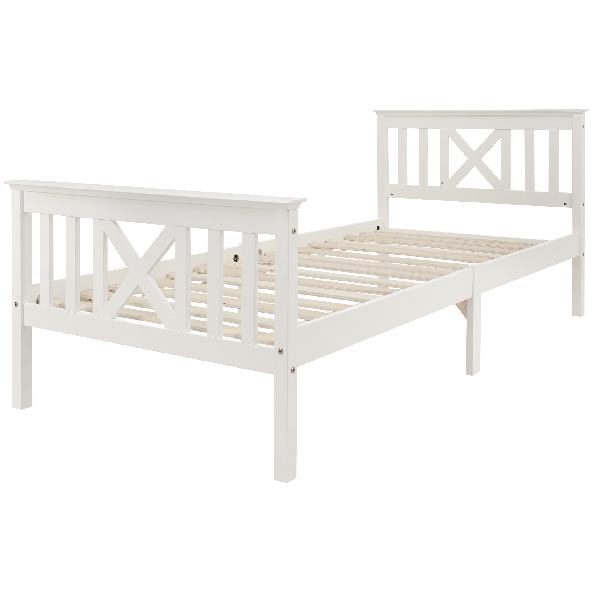 Lit Simple 90×200 Cm, 1 Place Avec Tête De Lit En X, Sans Matelas, En Bois Massif, Blanc