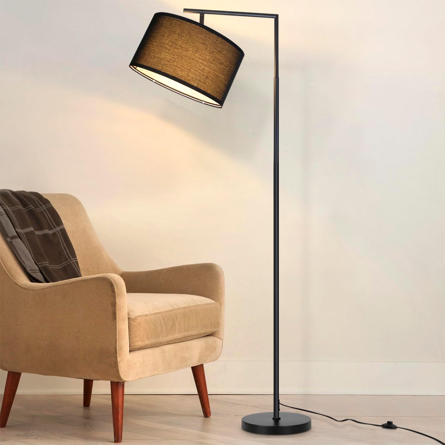 Zmh – Lampadaire Led Noir E27 – Abat-jour En Tissu Orientable – Hauteur 166 Cm – Interrupteur À Pied – Pour Salon Et Chambre À Coucher
