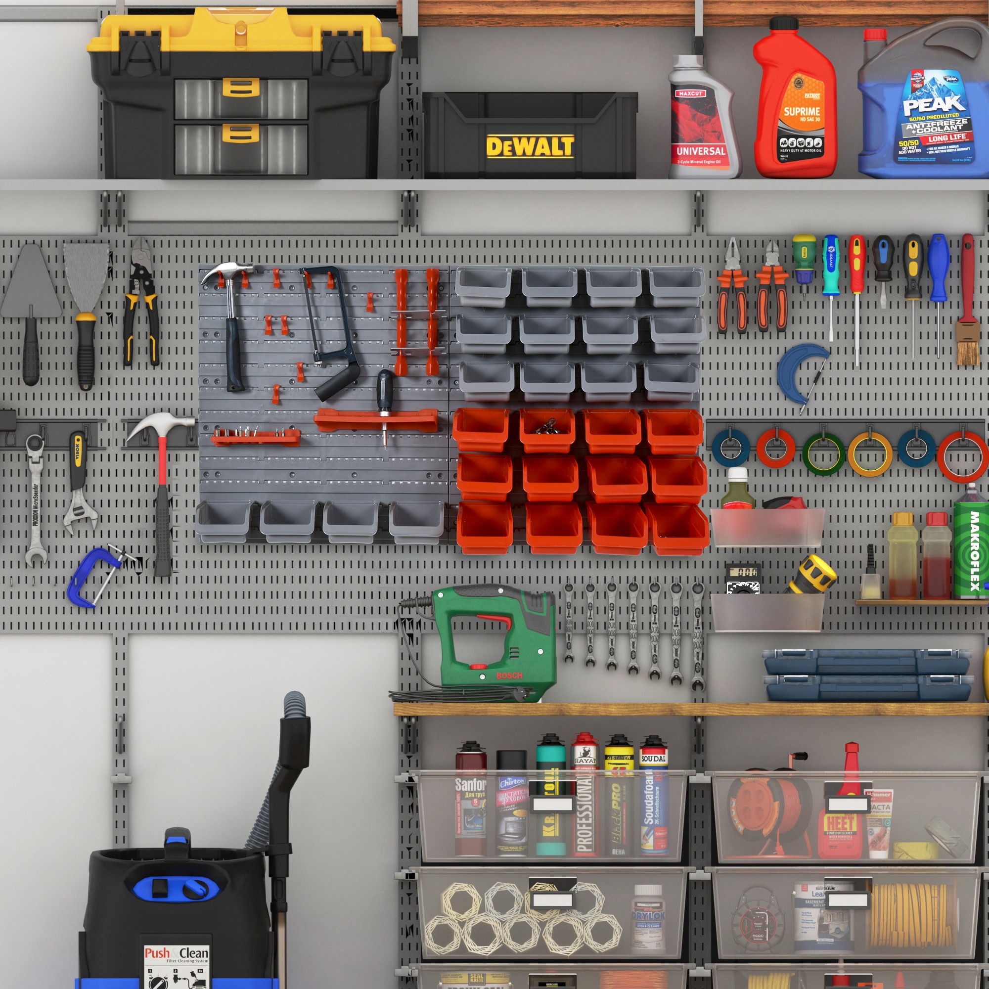 Porte-outils mural en plastique PP, 28 boîtes empilables et crochets, gris et rouge, 95 x 54 cm