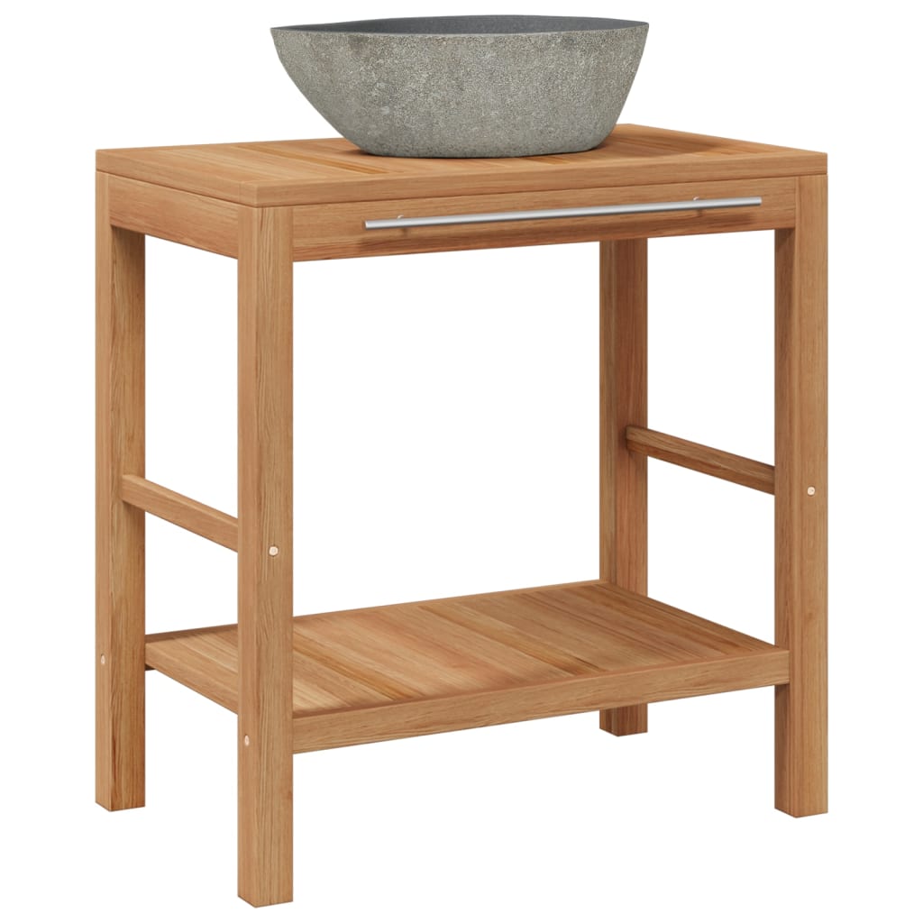 Vidaxl Perle Rare Waschtischunterschrank Teak Massiv Mit Flussstein Waschbecken 8718475614395