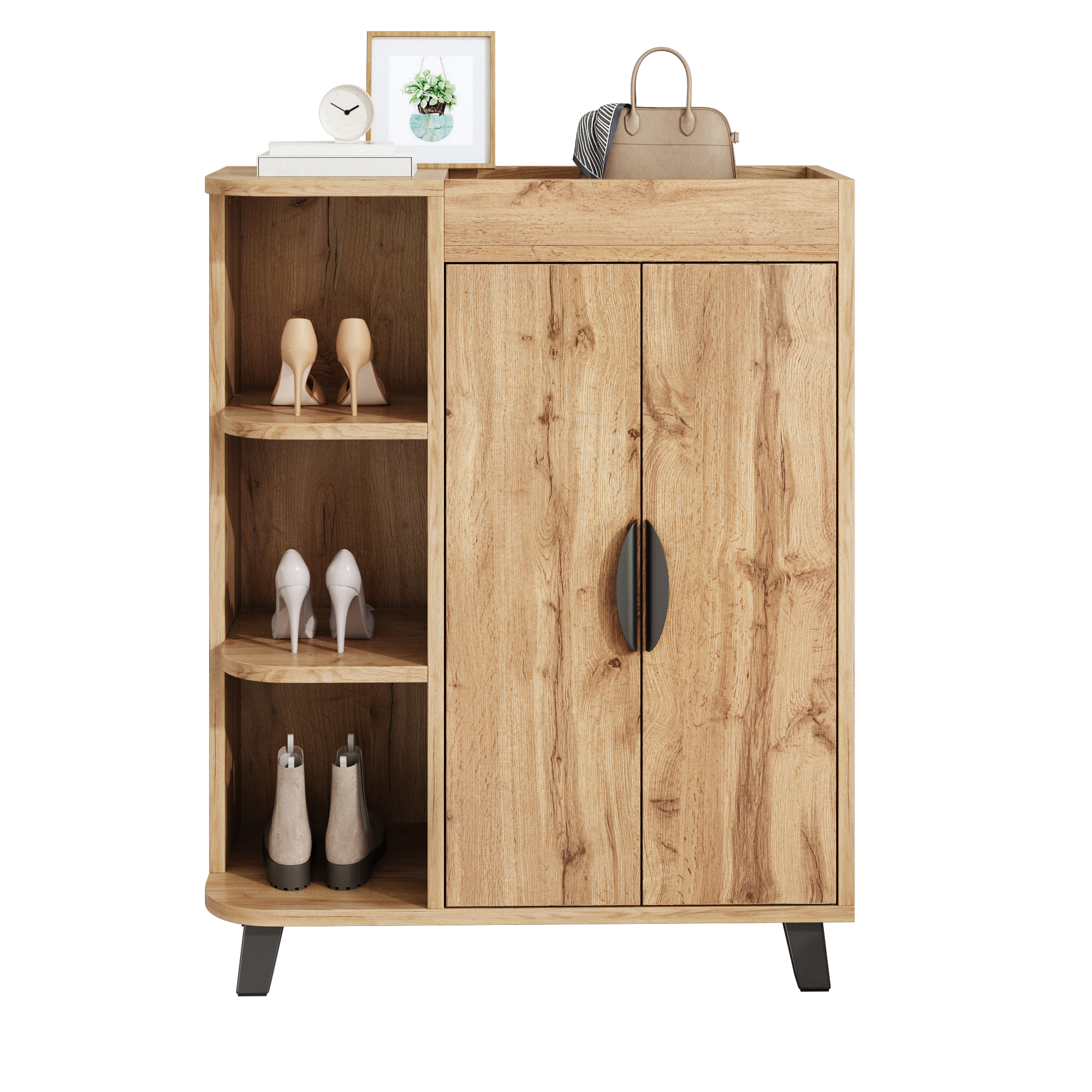 Meuble À Chaussures Étroit Double Porte Avec Niches Ouvertes, Rangement Entrée Aspect Bois