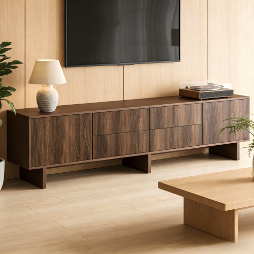 Okwish Tv-möbel Mit 4 Schubladen Und 2 Türen, Gewelltes Design, Dunkelnussbaum, 180x40x56 Cm, Für Fernseher Bis 75 Zoll