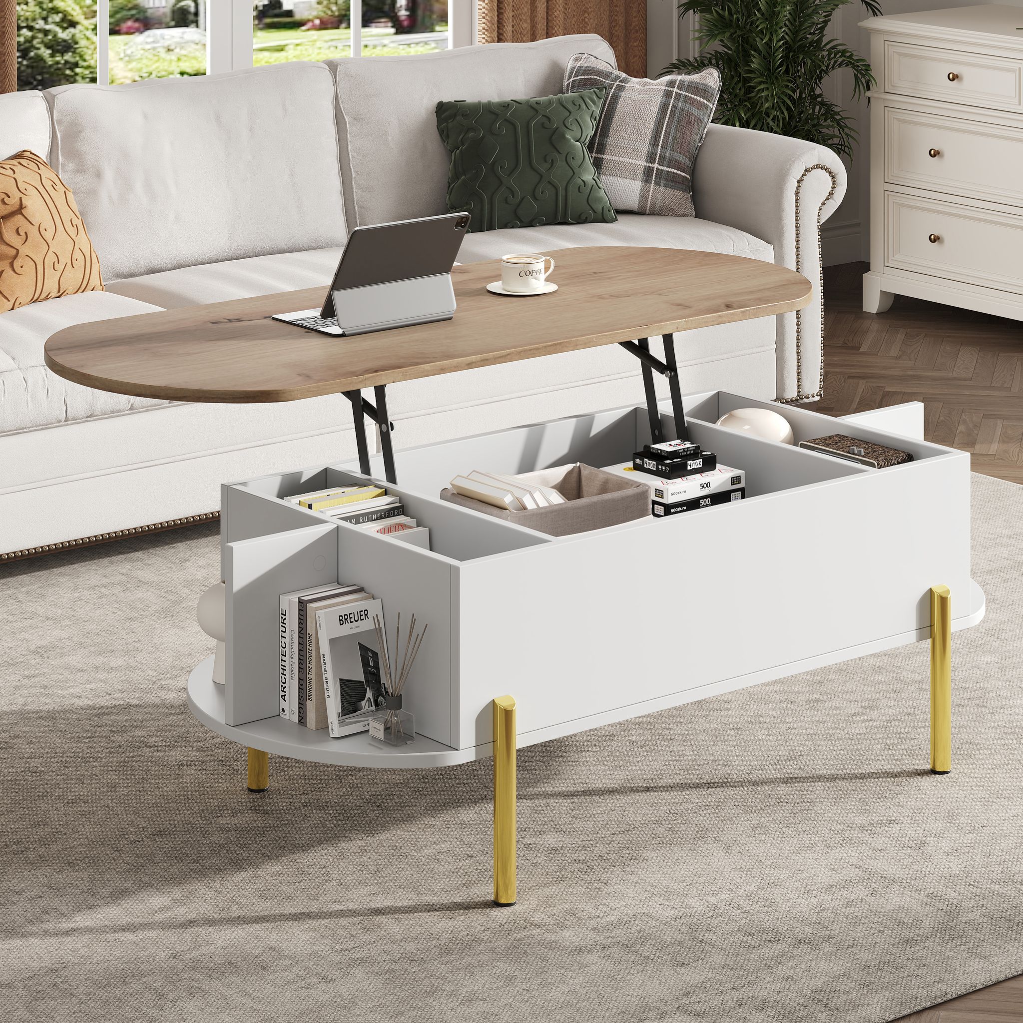 Neche – Table Basse Relevable En Bois Et Blanc 120 X 50 Cm – Hauteur