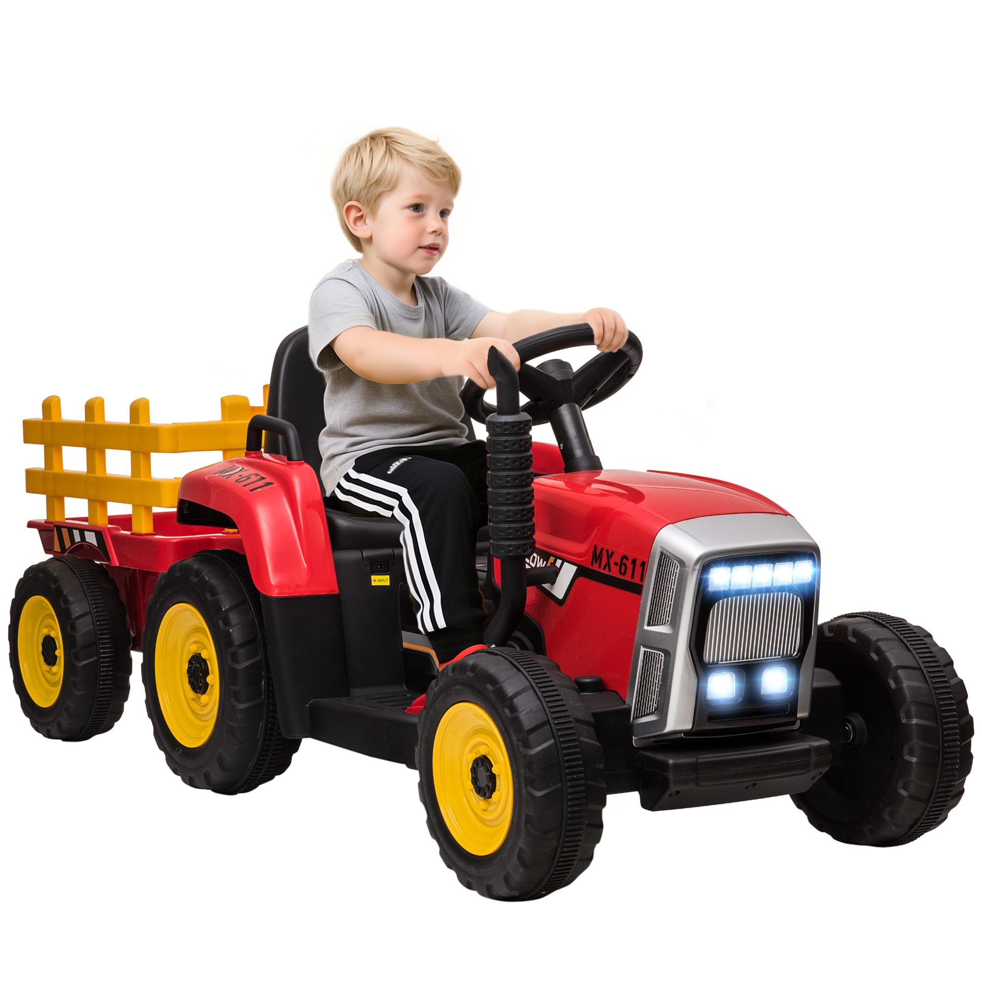 Homcom - Elektrischer Traktor Mit Anhänger, Kinder Aufsitztraktor Mit Fernbedienung, Kinder Elektroauto Mit Mp3 Funktion, Kinderfahrzeug Mit Scheinwerfer, 3-6km/h, Für 3-6 Jahre Kinder, Rot