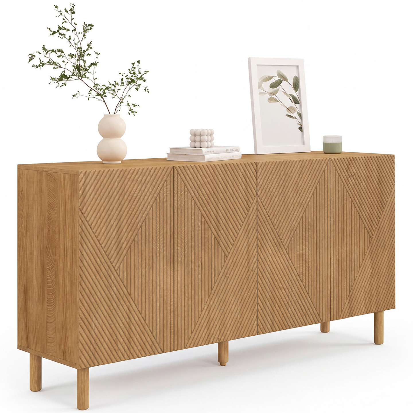 Buffet 160 Cm Himara 4 Portes Lattes Géométriques Bois Clair