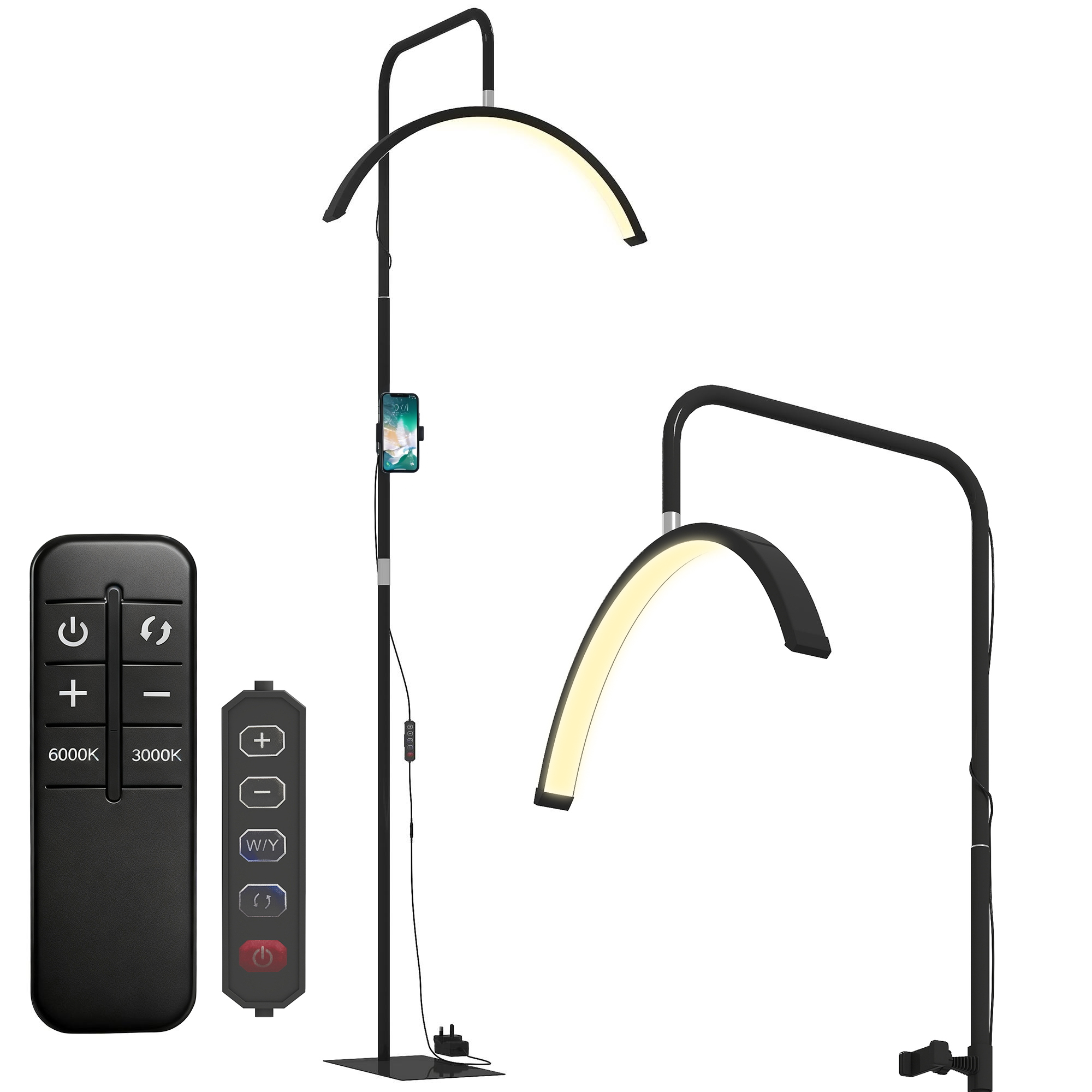 Lampadaire Led Demi-lune - Homcom - Rotative 350° - 7 Températures De Couleur - Acier Et Plastique - 77,5 X 20,5 X 186 Cm - Noir