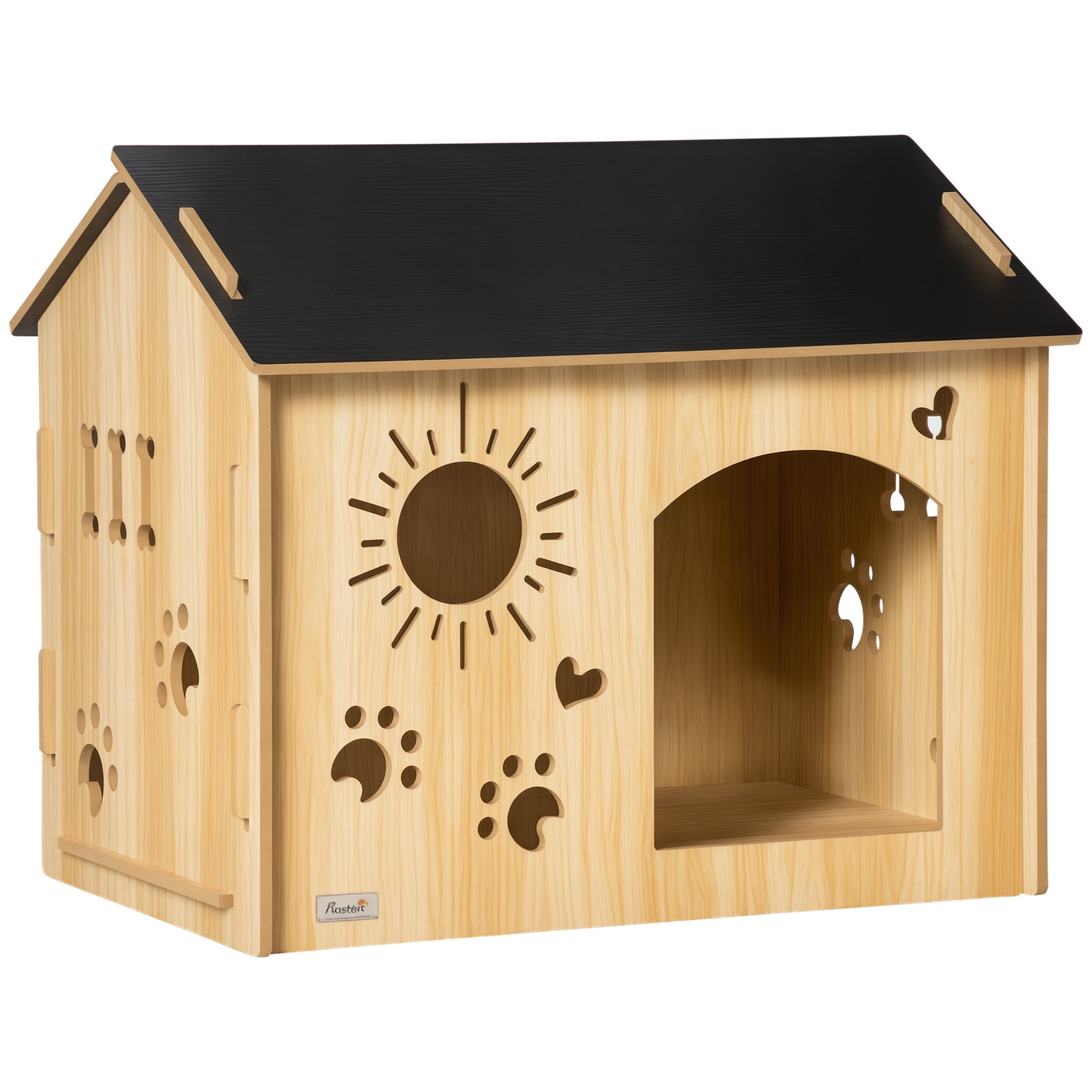 Pawhut - Hundehütte Aus Holz Kleintierhaus Mit Lüftungsöffnungen Hundehaus Mit Dach Hundehöhle Indoor Mdf Eiche+schwarz 69 X 50 X 58,5 Cm