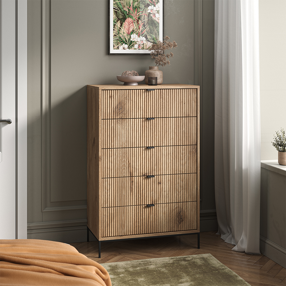 Commode Eliza, Chêne Viking, 76 X 120 Cm Avec 5 Tiroirs, Vicco