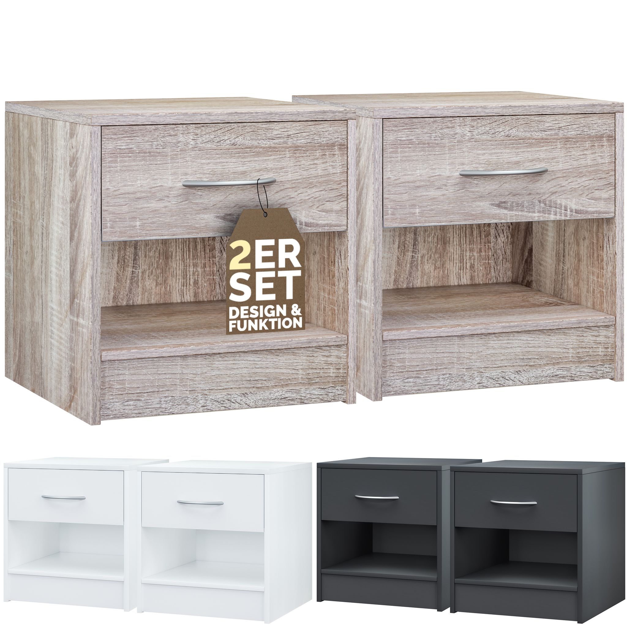 Nachttisch Mit Schublade Bett 41cm Komforthöhe Ablage Schlafzimmer Nachtschrank Nachtkästchen Nachtkommode Holz 41x39x28cm 2er Set Eiche - Casaria