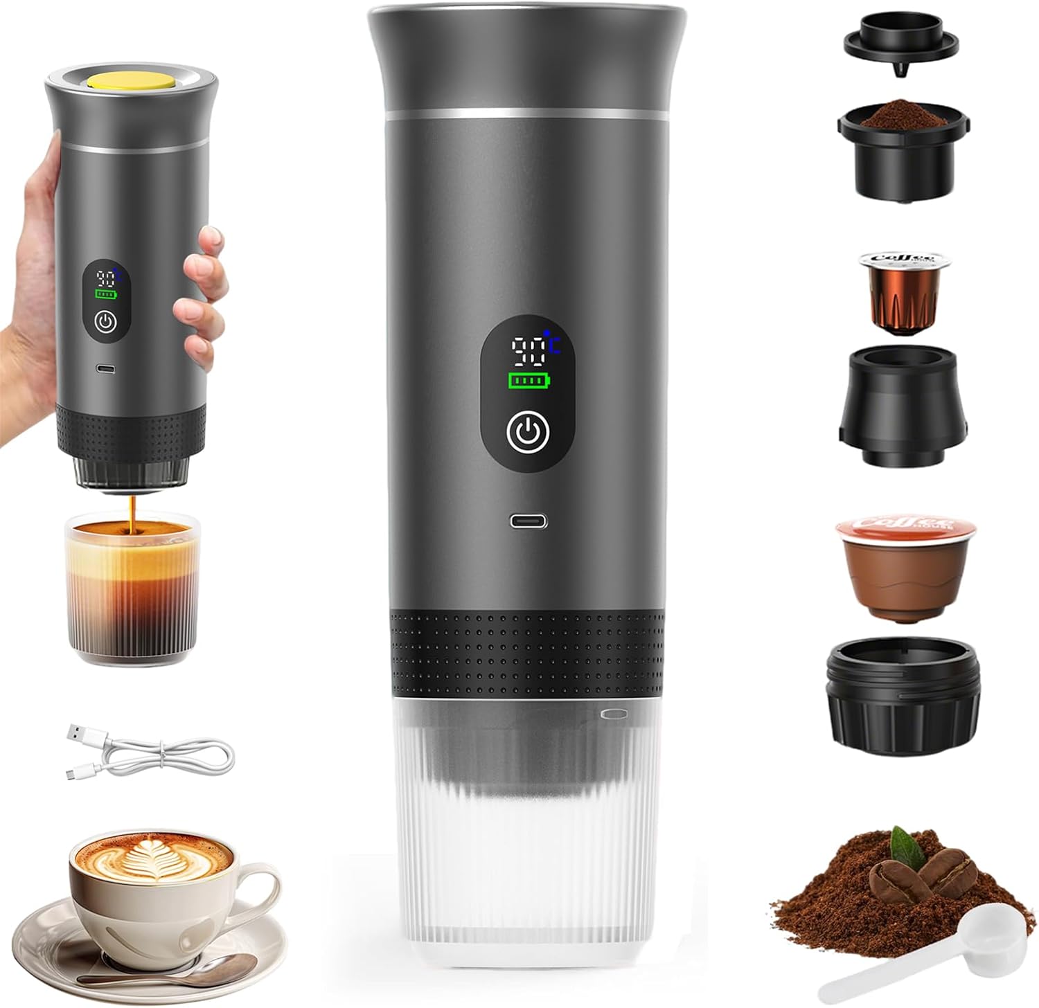 Macchina Per Caffè Portatile 3 In 1, Macchina Per Caffè Da Viaggio Ricaricabile, Macchina Per Caffè Espresso Da 12 V Per Capsule E Caffè Macinato, Per Campeggio, Viaggio, Ufficio, Auto, Casa, Grigio